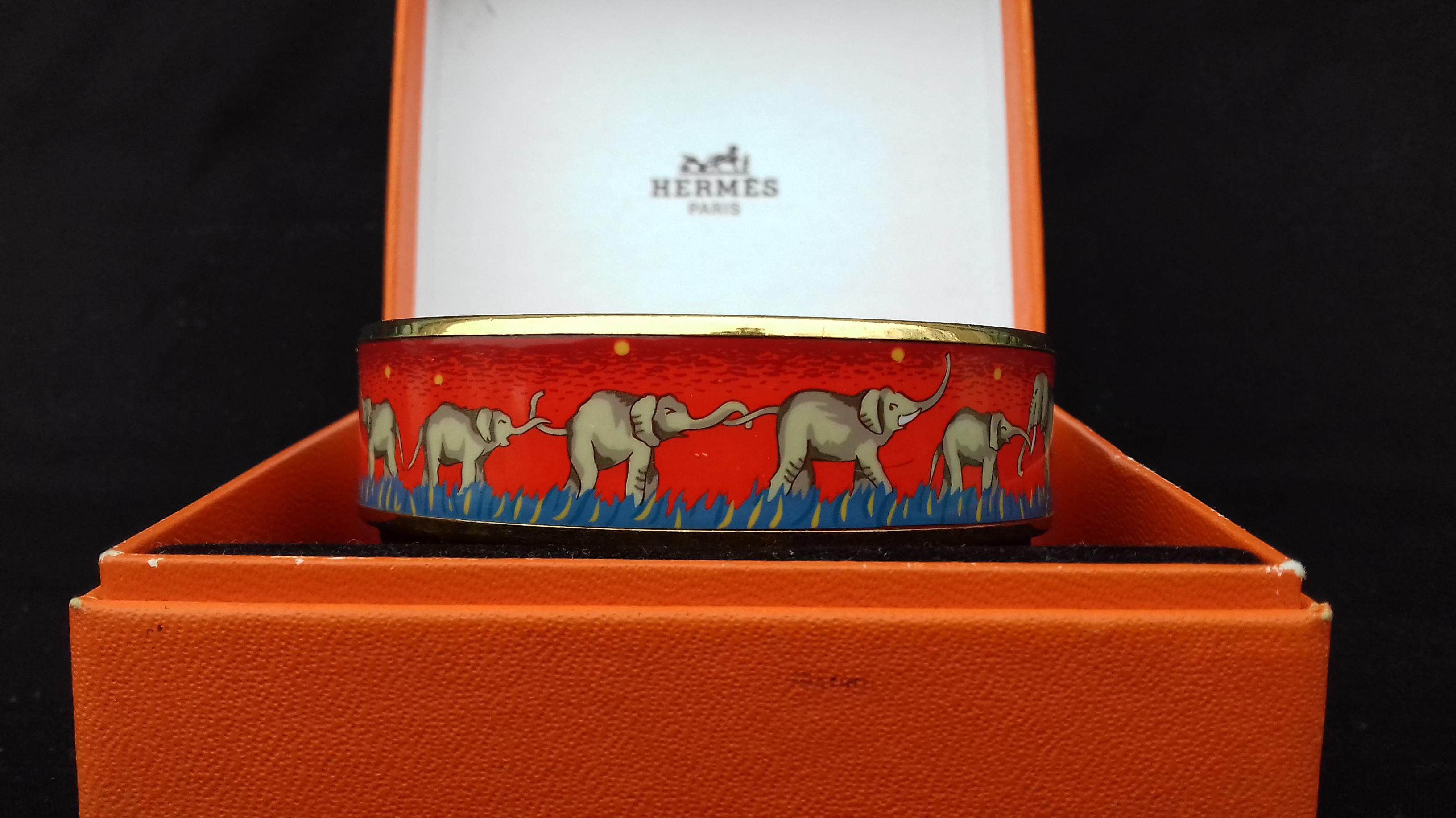 Hermès Enamel Printed Bracelet Elephants Grazing Red Ghw Size GM RARE 3