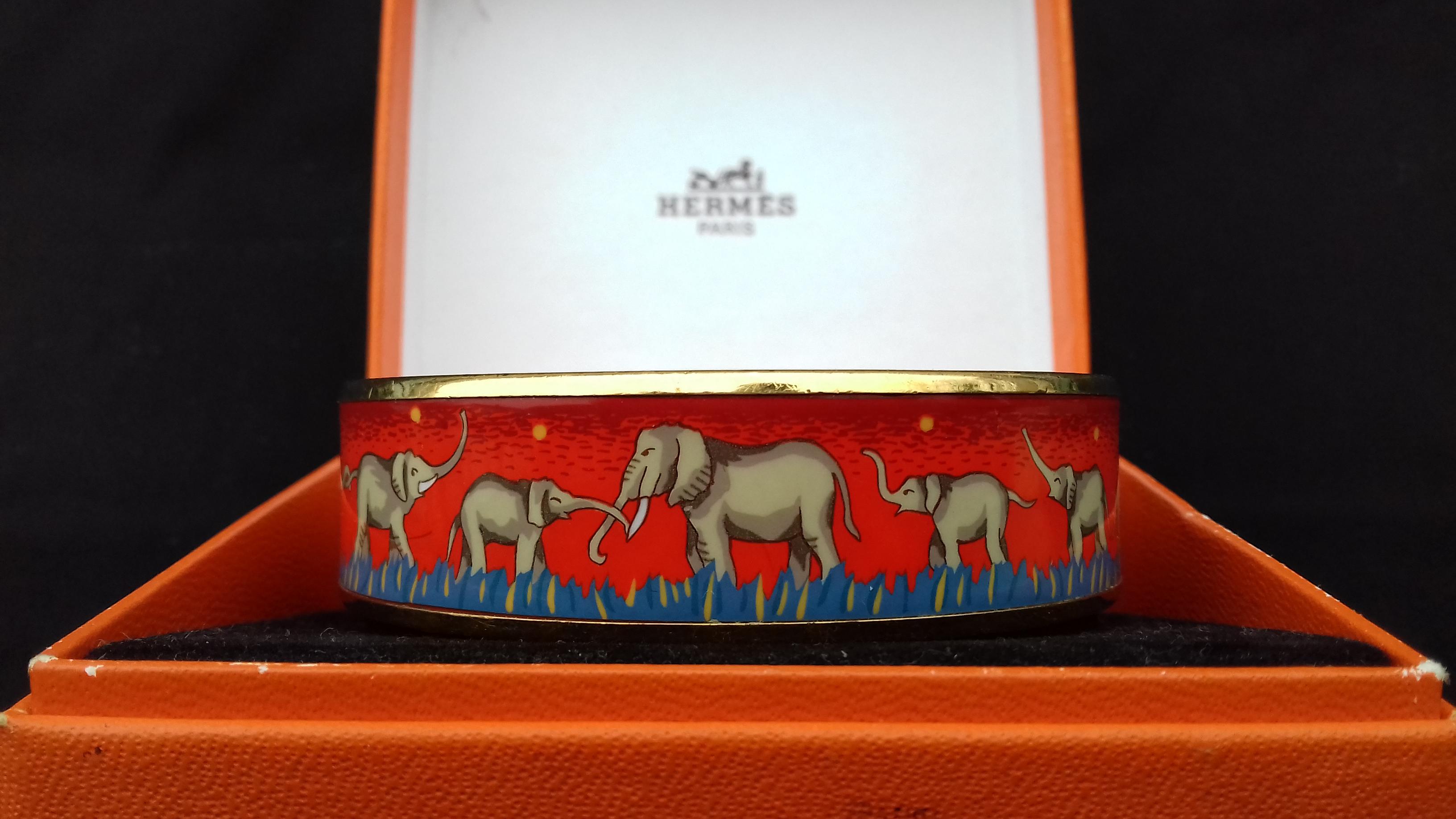 Hermès Enamel Printed Bracelet Elephants Grazing Red Ghw Size GM RARE 4