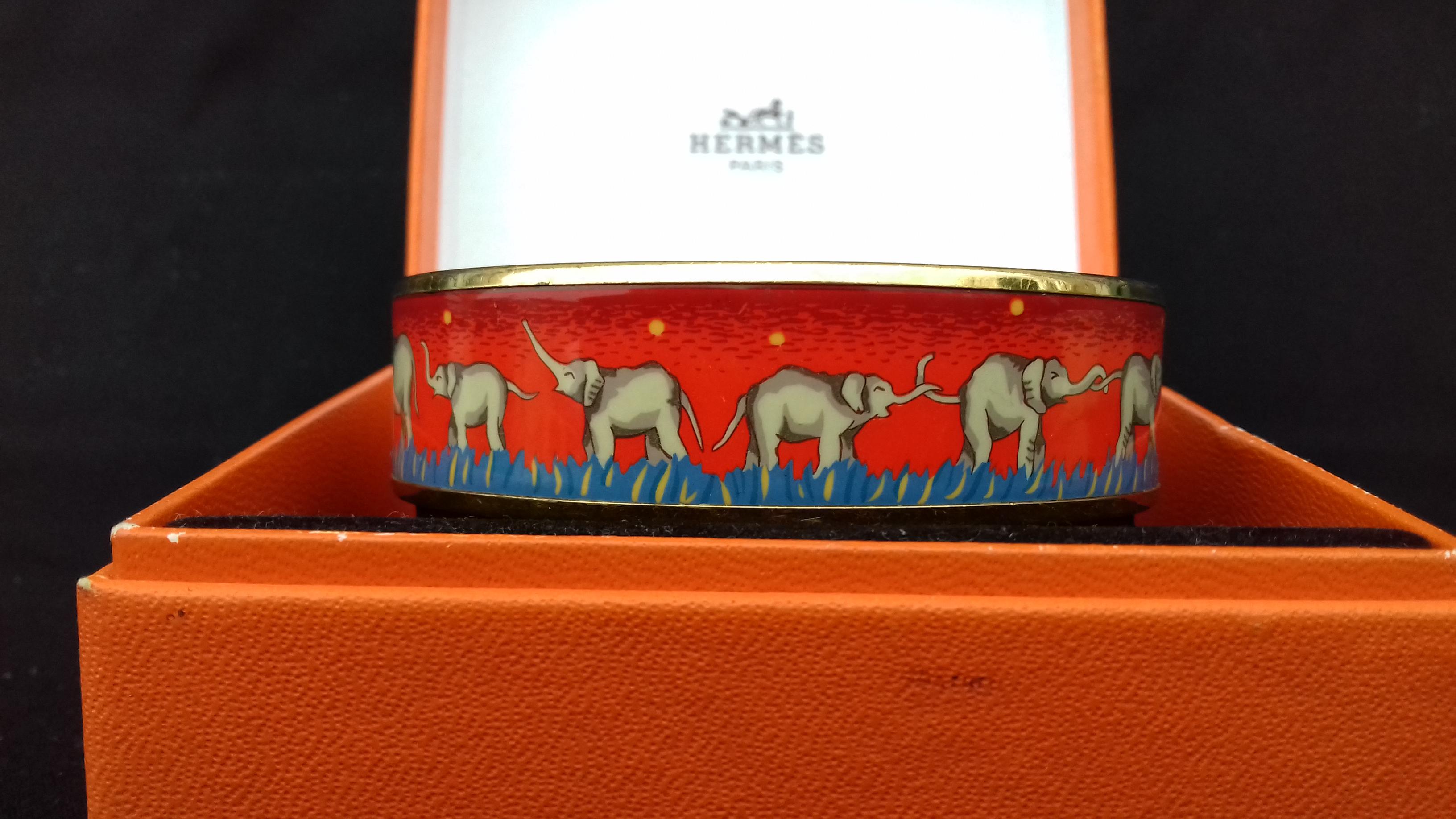 Hermès Enamel Printed Bracelet Elephants Grazing Red Ghw Size GM RARE 5