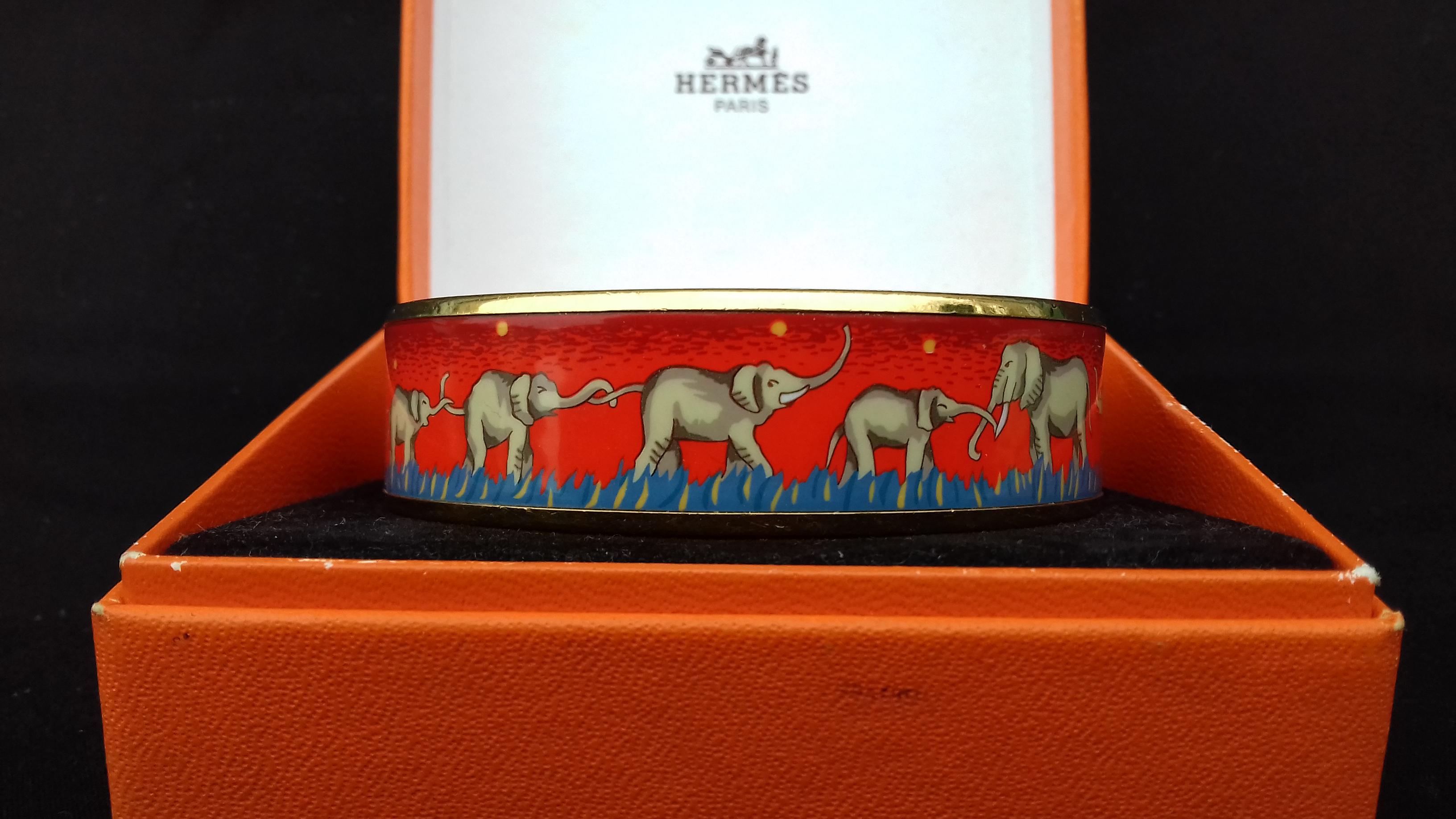 Hermès Enamel Printed Bracelet Elephants Grazing Red Ghw Size GM RARE 6