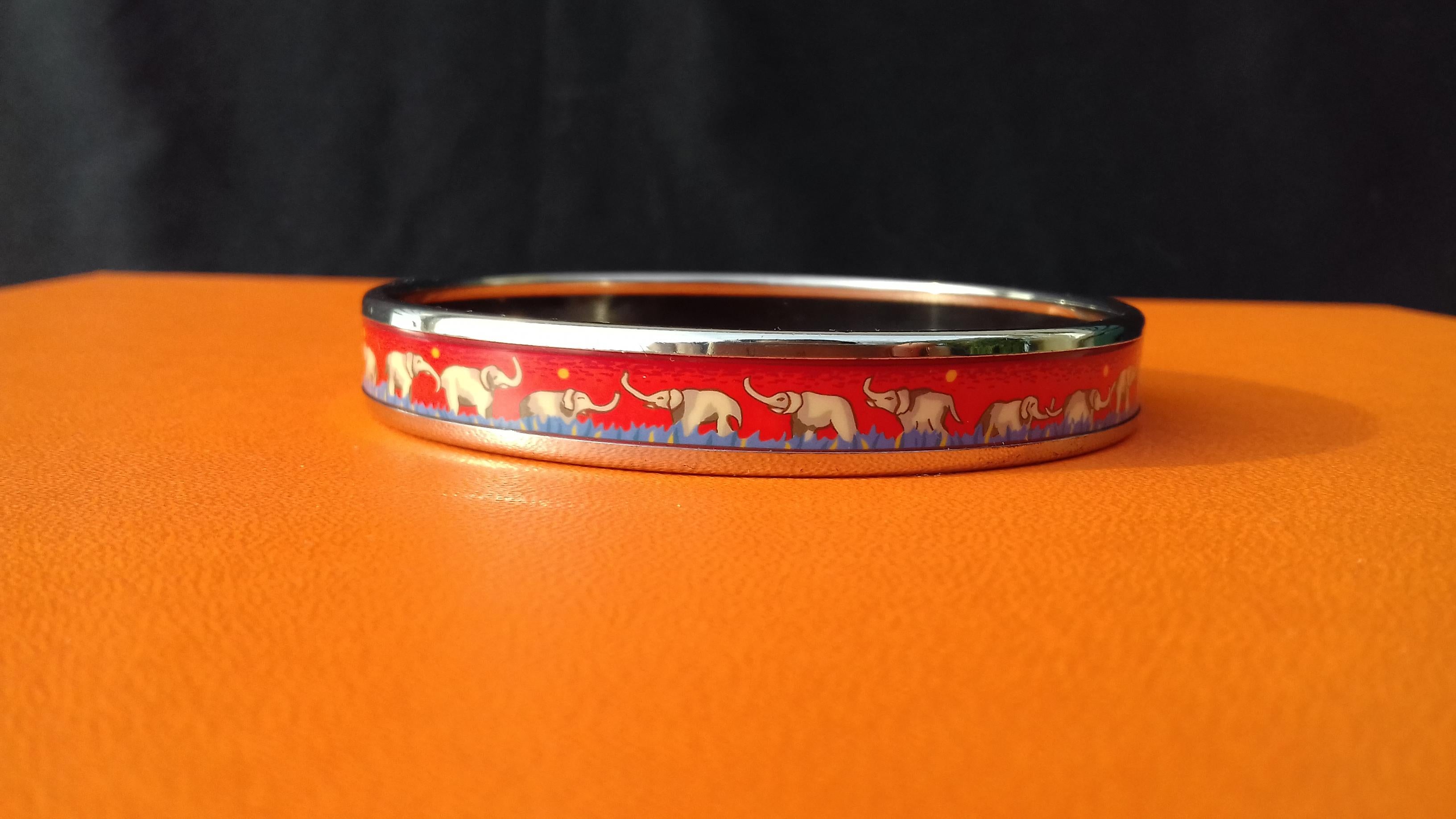 Women's Hermès Enamel Printed Bracelet Elephants Grazing Red Phw Narrow Size 70