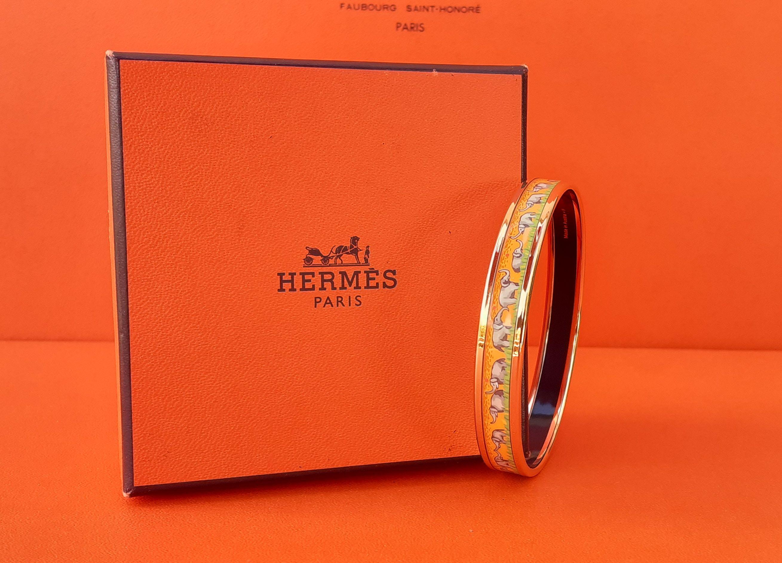 Hermès Enamel Printed Bracelet Elephants Grazing Yellow Ghw Narrow Size 65 6