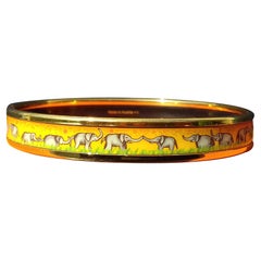 Hermès Enamel Printed Bracelet Elephants Grazing Yellow Ghw Narrow Size 65