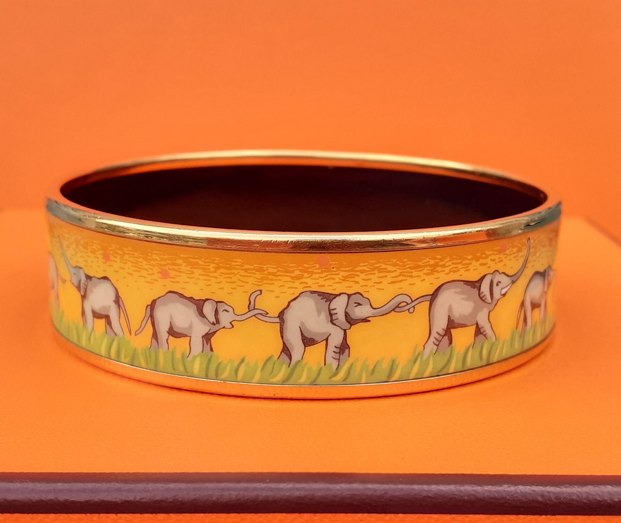 Hermès Enamel Printed Bracelet Elephants Grazing Yellow Gold Hdw Size 65 6