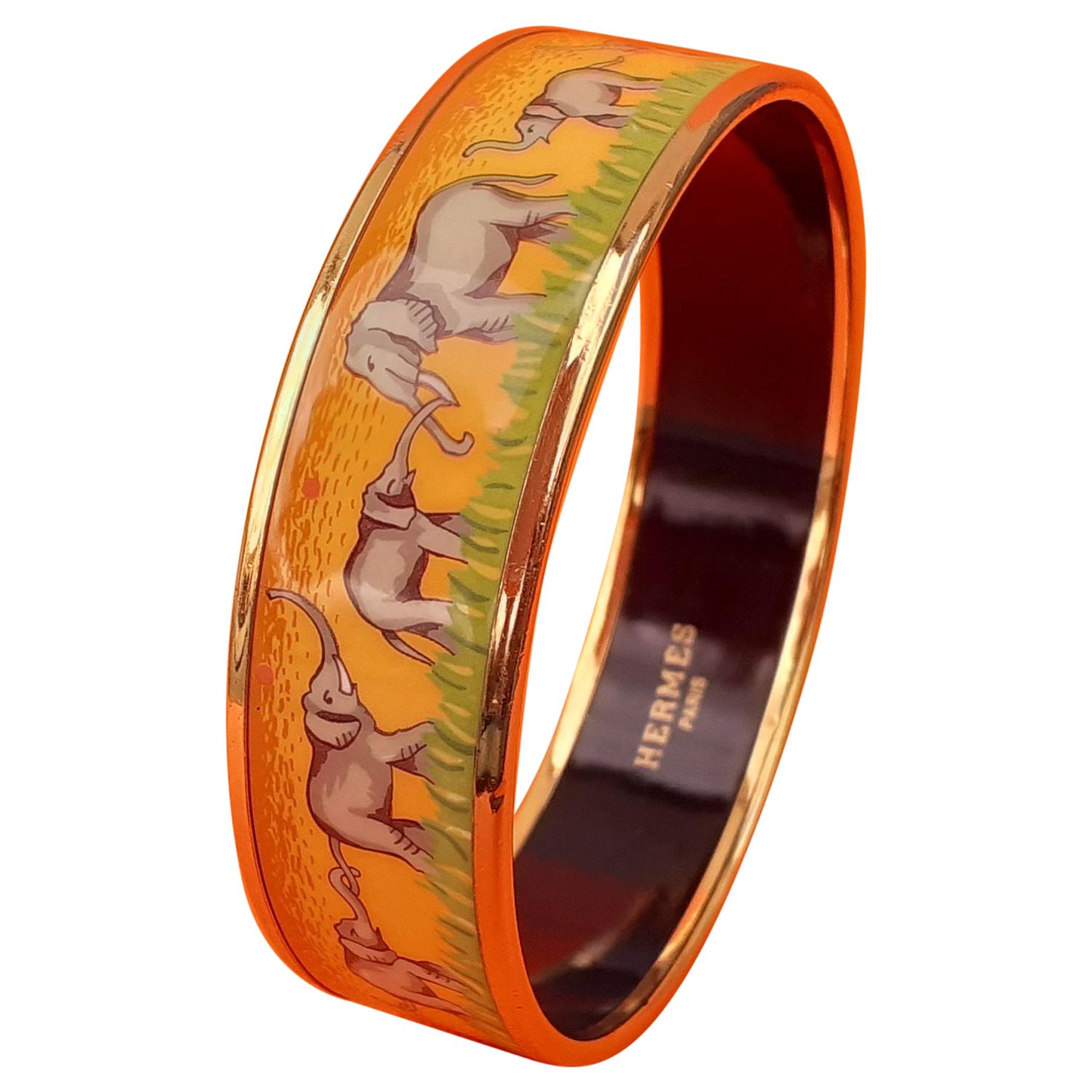 Hermès Enamel Printed Bracelet Elephants Grazing Yellow Gold Hdw Size 65