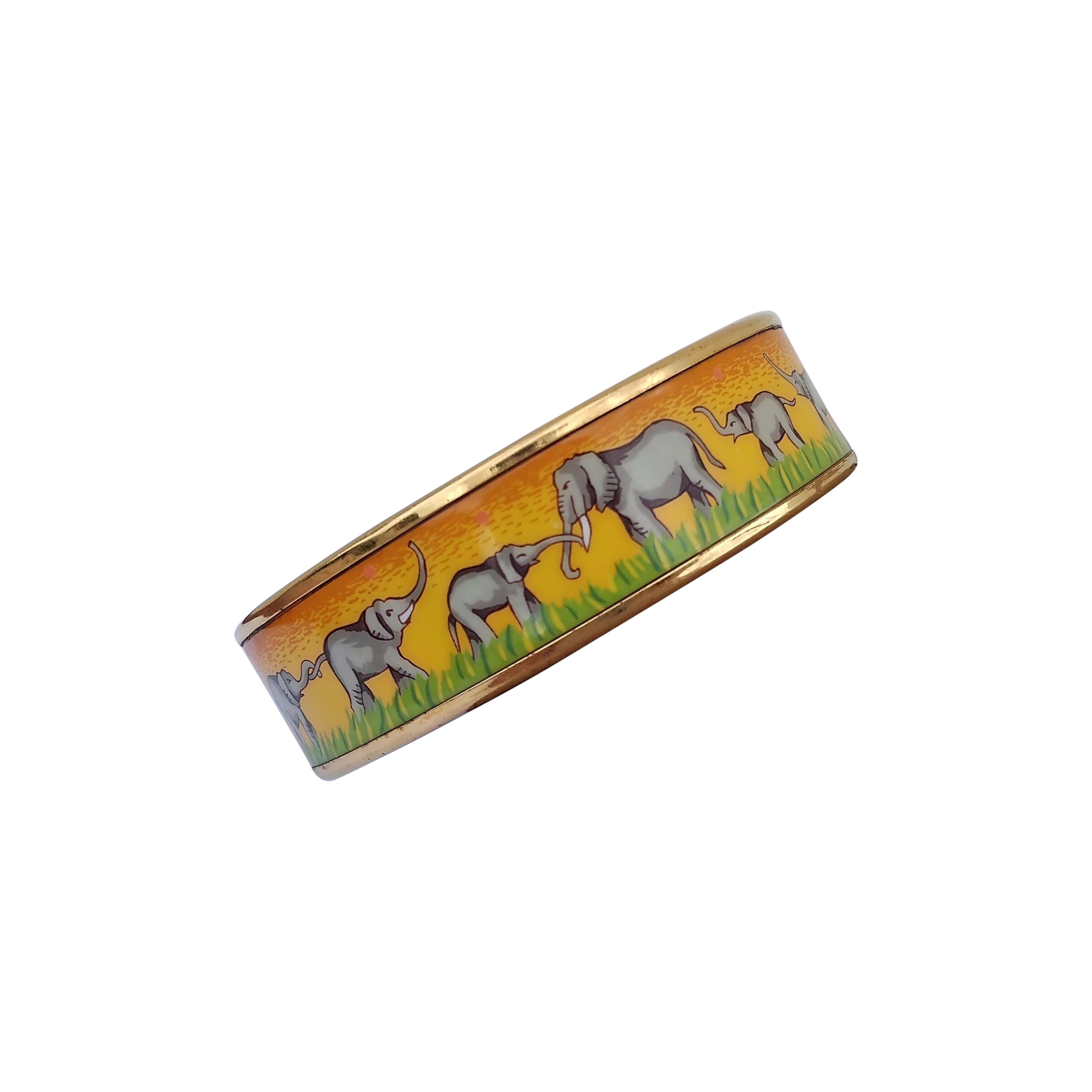 Hermès Emaille gedruckt Armband Elefanten grasen Gelbgold Hdw Größe 65