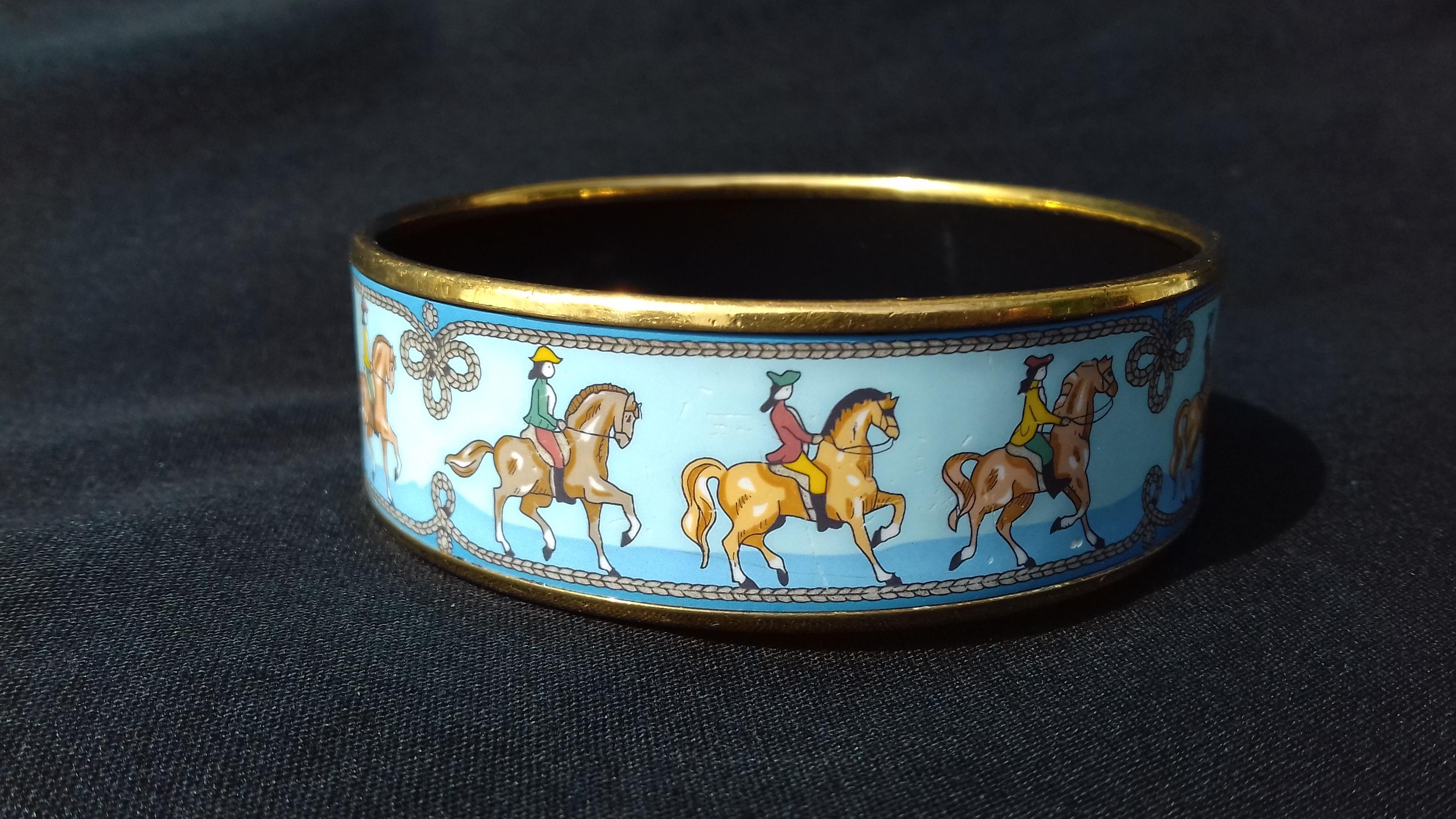 Hermès Enamel Printed Bracelet Equestrian Horses Rodeo Cowgirls Ghw Size 65 6