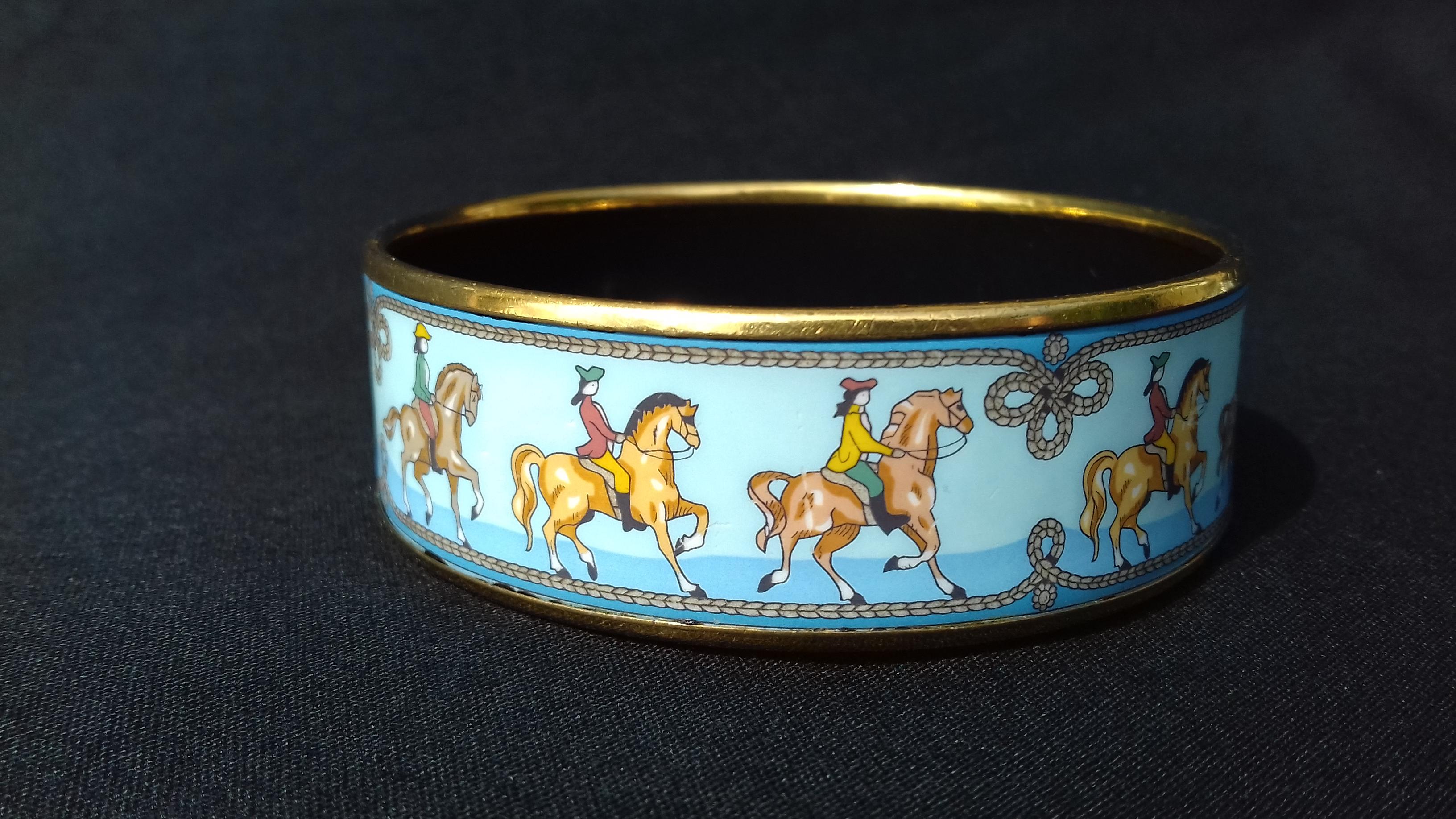 Hermès Enamel Printed Bracelet Equestrian Horses Rodeo Cowgirls Ghw Size 65 2