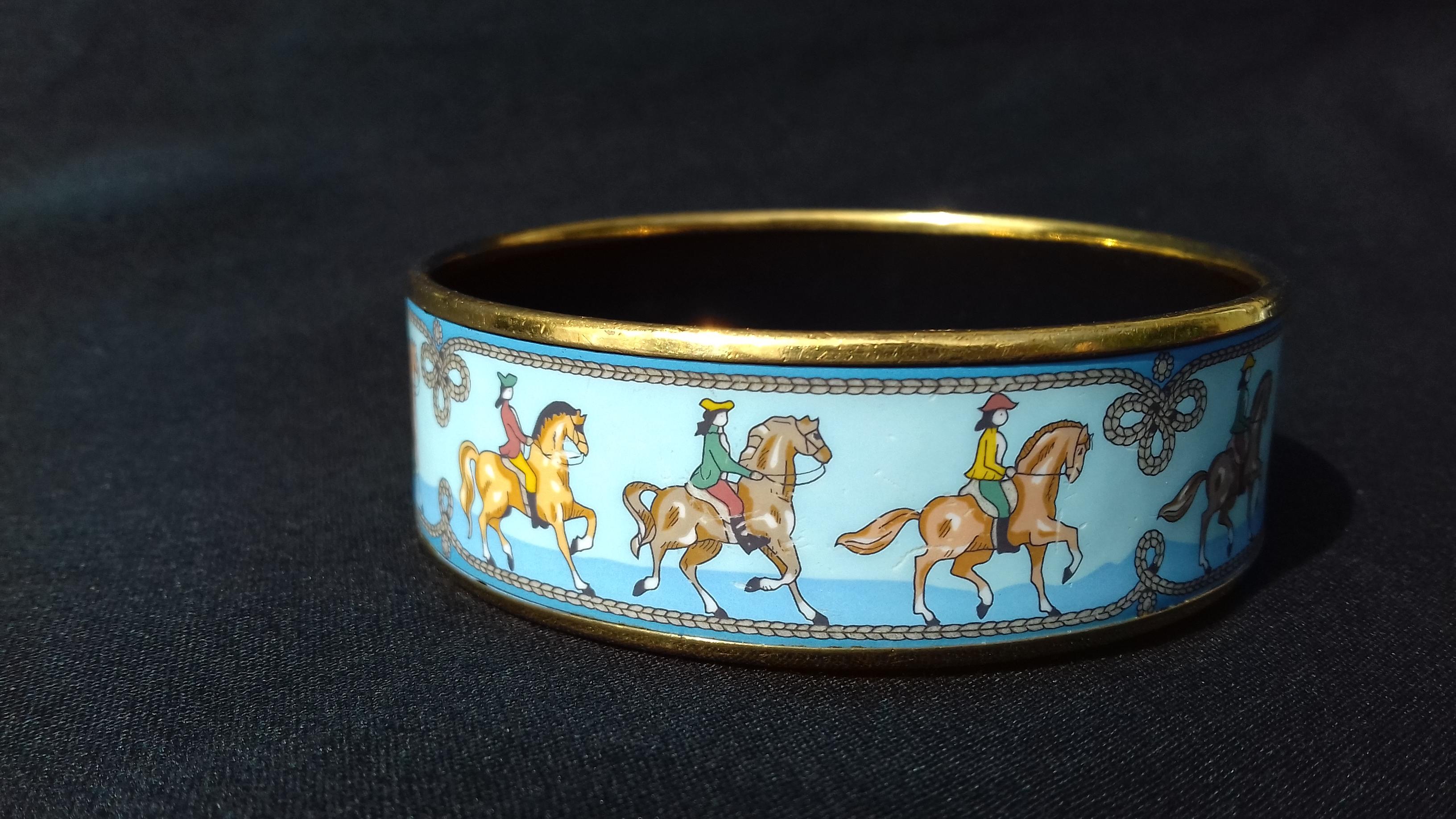 Hermès Enamel Printed Bracelet Equestrian Horses Rodeo Cowgirls Ghw Size 65 4