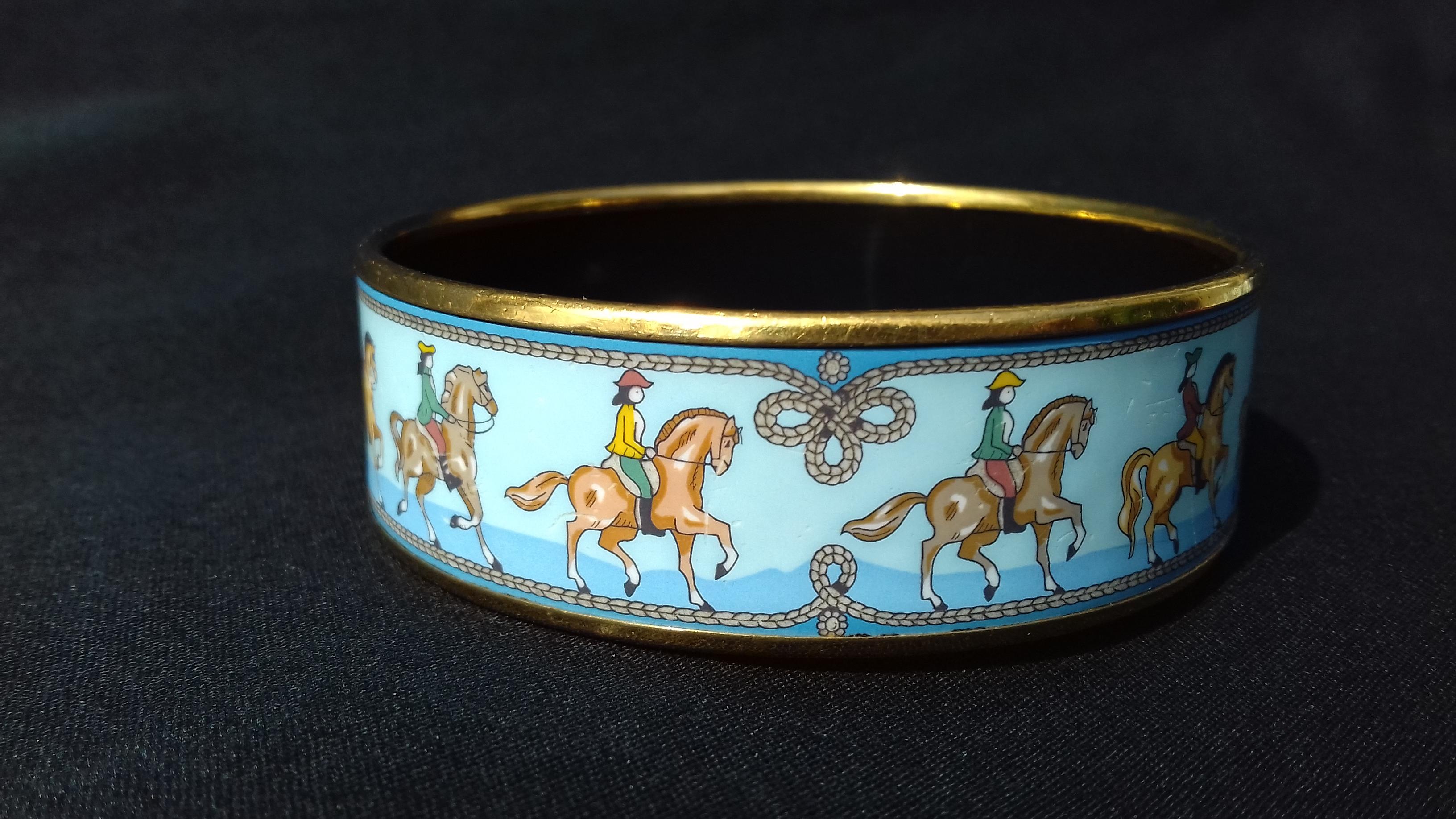 Hermès Enamel Printed Bracelet Equestrian Horses Rodeo Cowgirls Ghw Size 65 5