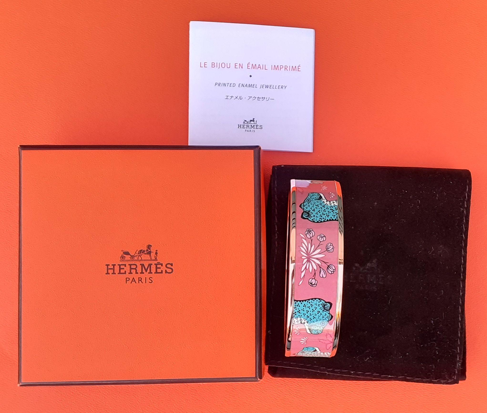 Hermès Enamel Printed Bracelet Les Leopards Pink Green Rose Ghw Size 65 3