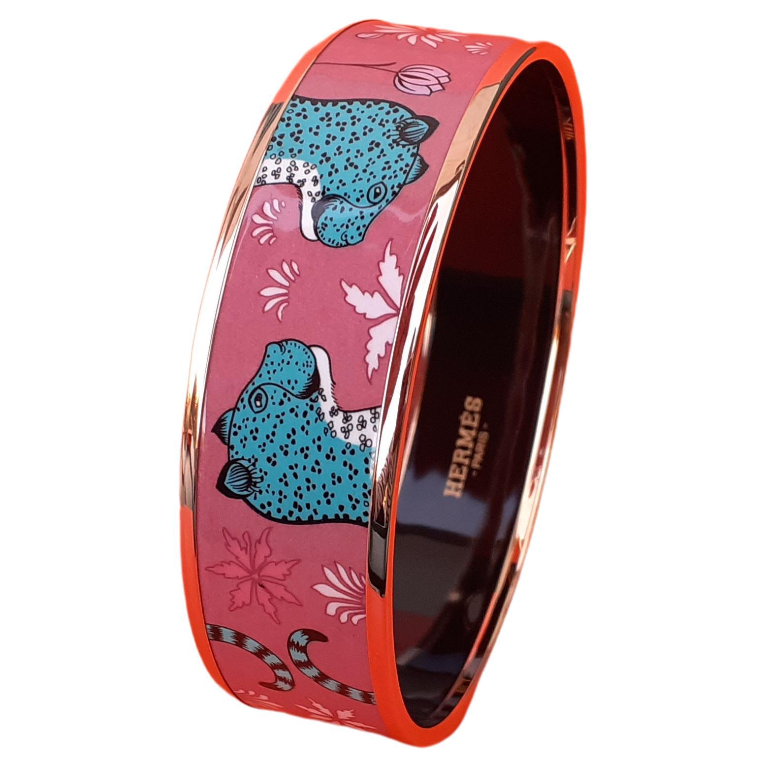 Hermès Enamel Printed Bracelet Les Leopards Pink Green Rose Ghw Size 65