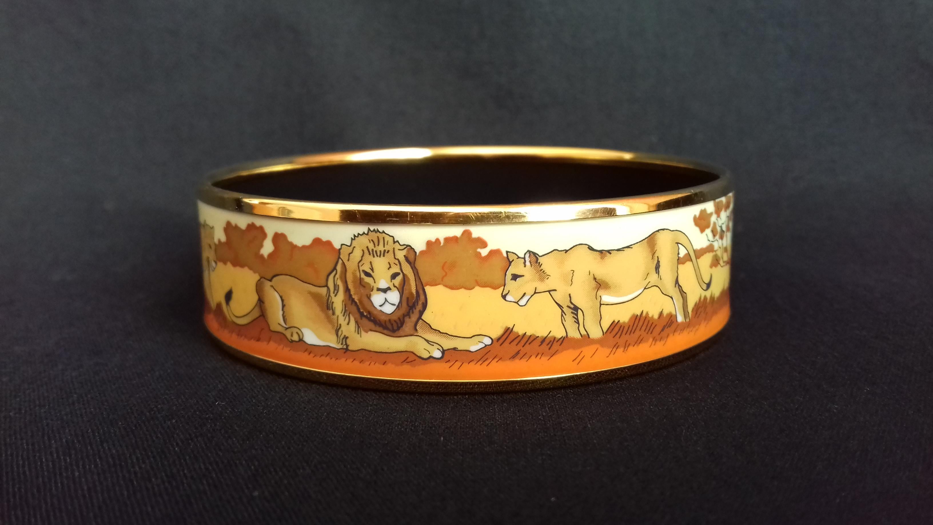Hermès Enamel Printed Set Bracelet and Earrings Lions And Lionesses Ghw Size 65 2