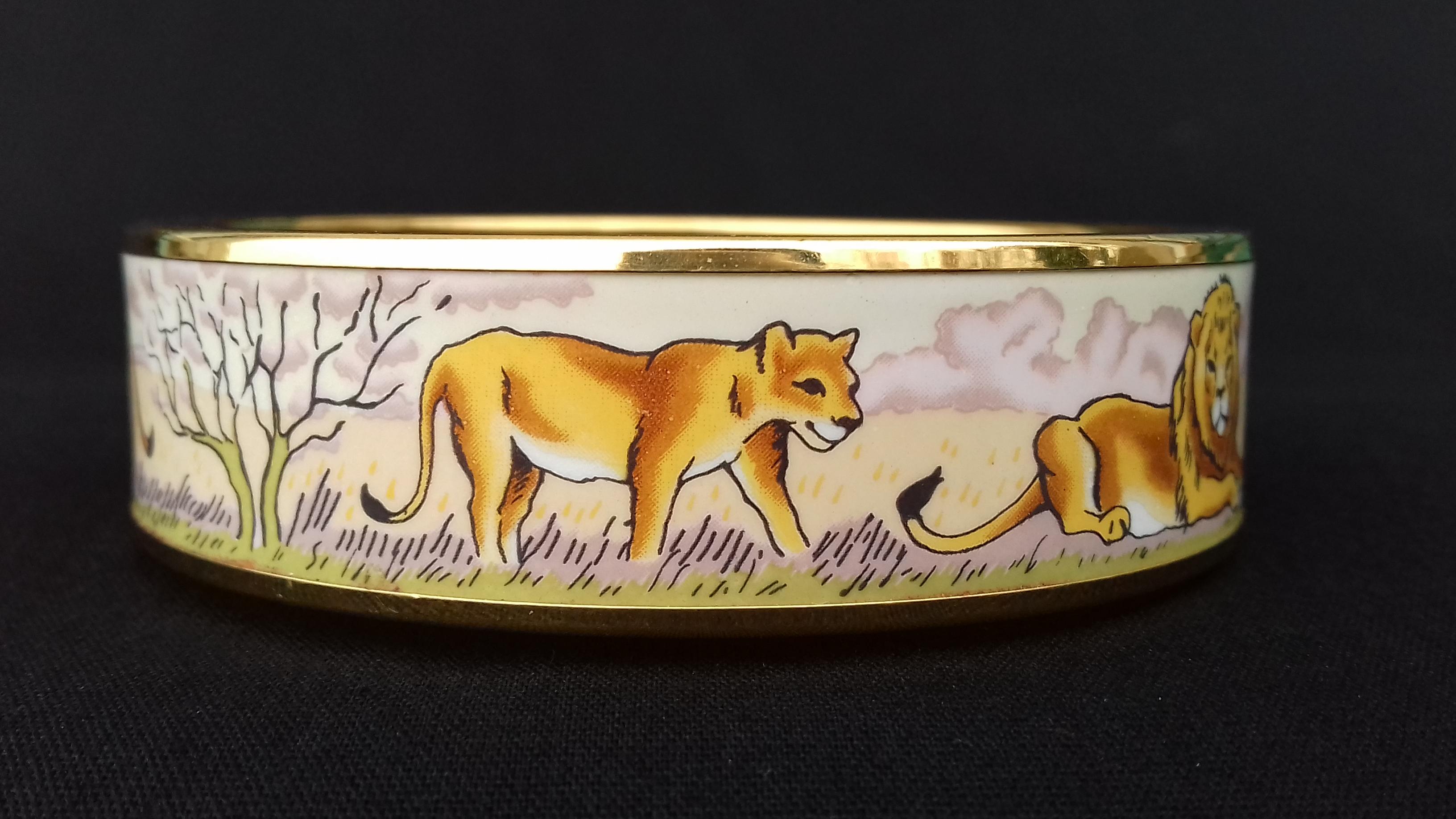 Hermès Enamel Printed Bracelet Lions And Lionesses In Savannah Gold Hdw Size 70 1