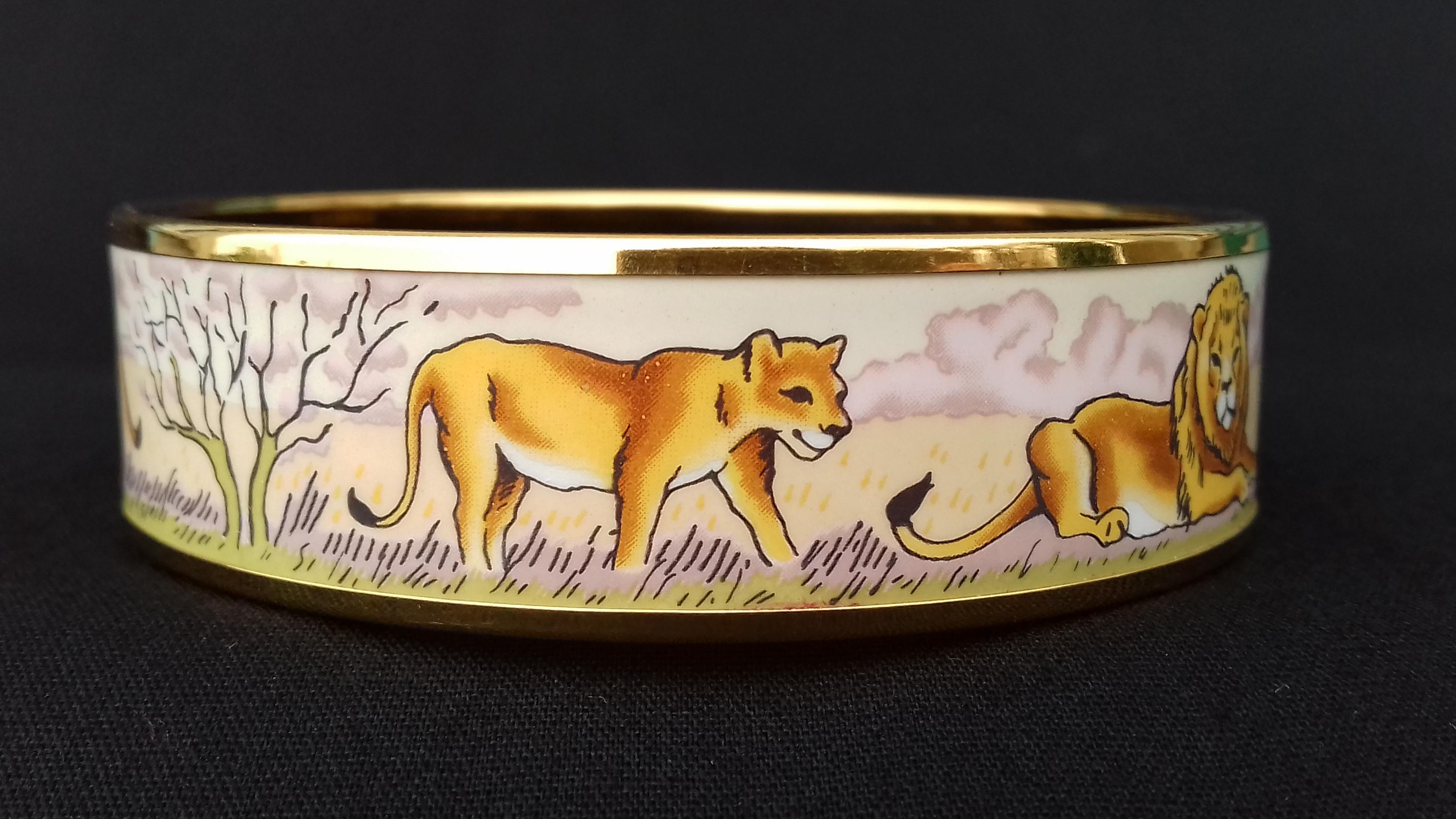 Hermès Enamel Printed Bracelet Lions And Lionesses In Savannah Gold Hdw Size 70 4