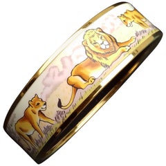 Vintage Hermès Enamel Printed Bracelet Lions And Lionesses In Savannah Gold Hdw Size 70