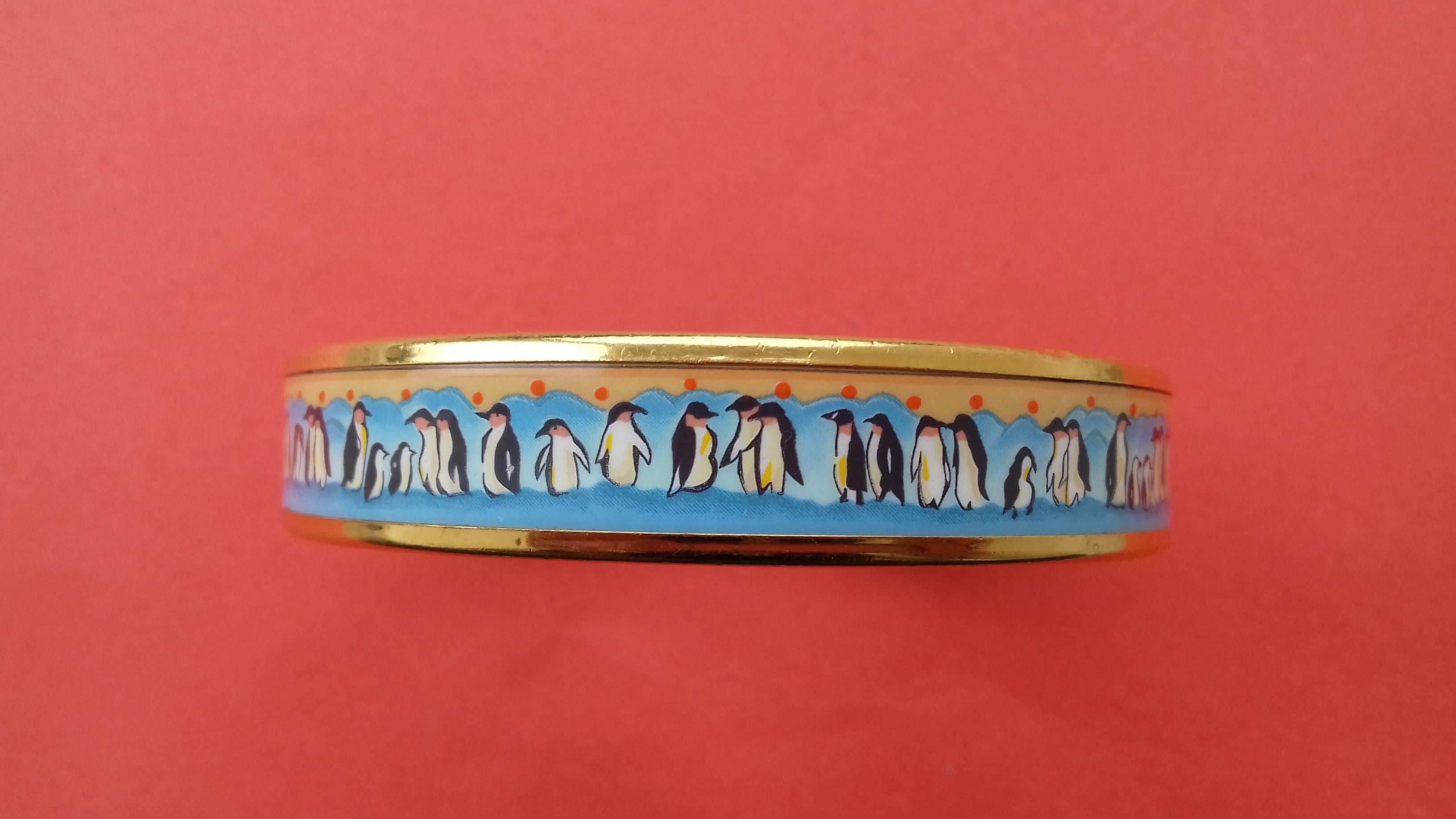 Women's Hermès Enamel Printed Bracelet Penguins Blue Gold Plated Hdw Narrow Size 65