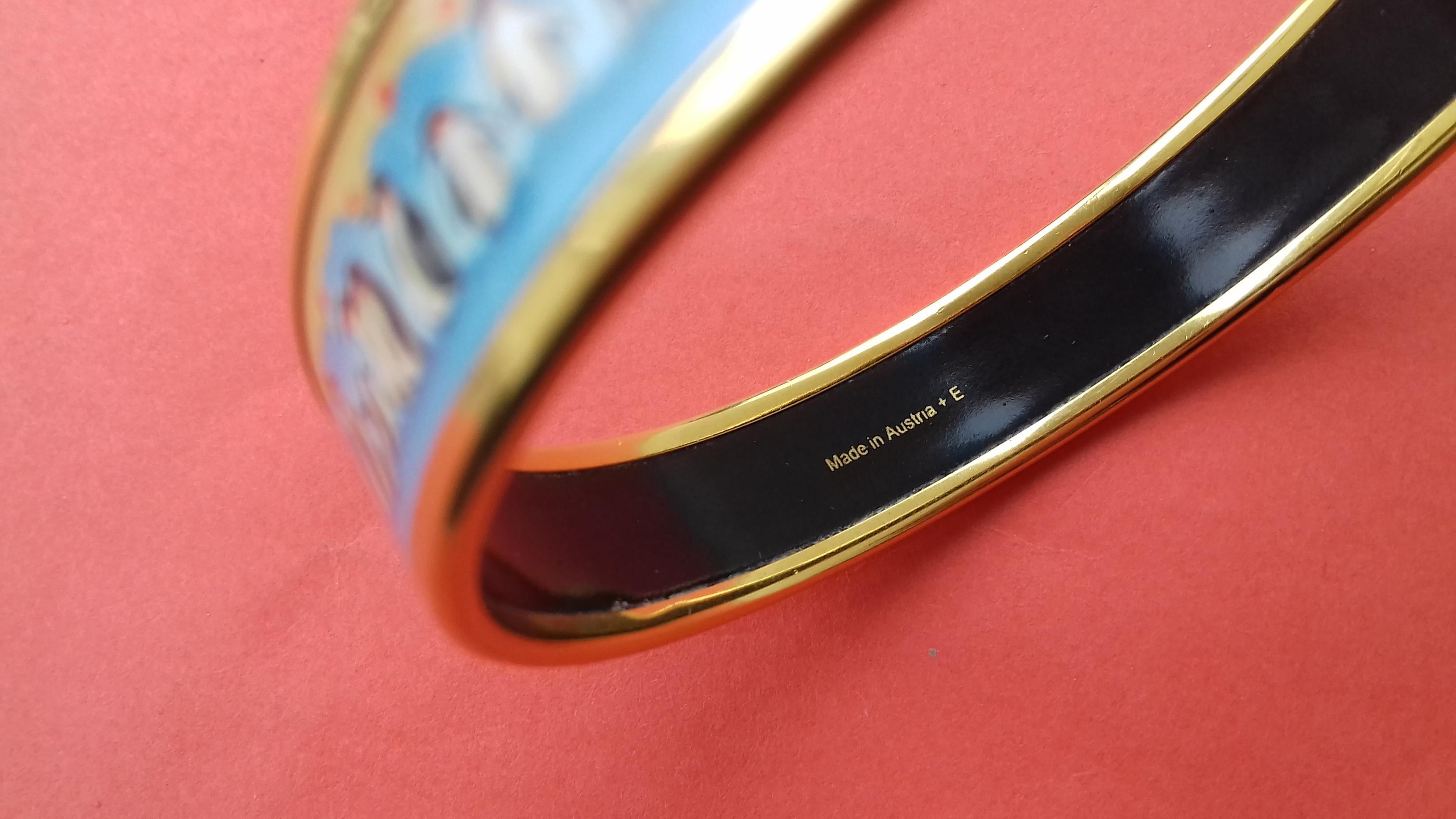 Hermès Enamel Printed Bracelet Penguins Blue Gold Plated Hdw Narrow Size 65 3