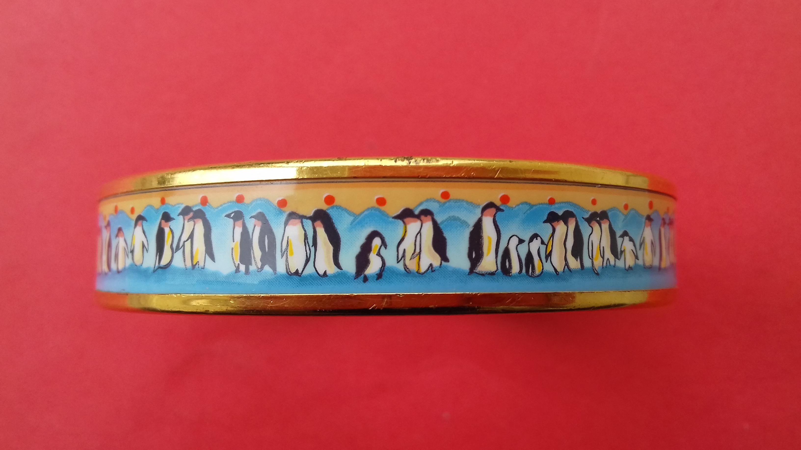 Hermès Enamel Printed Bracelet Penguins Blue Gold Plated Hdw Narrow Size 65 4