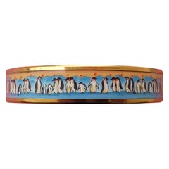 Hermès Enamel Printed Bracelet Penguins Blue Gold Plated Hdw Narrow Size 65