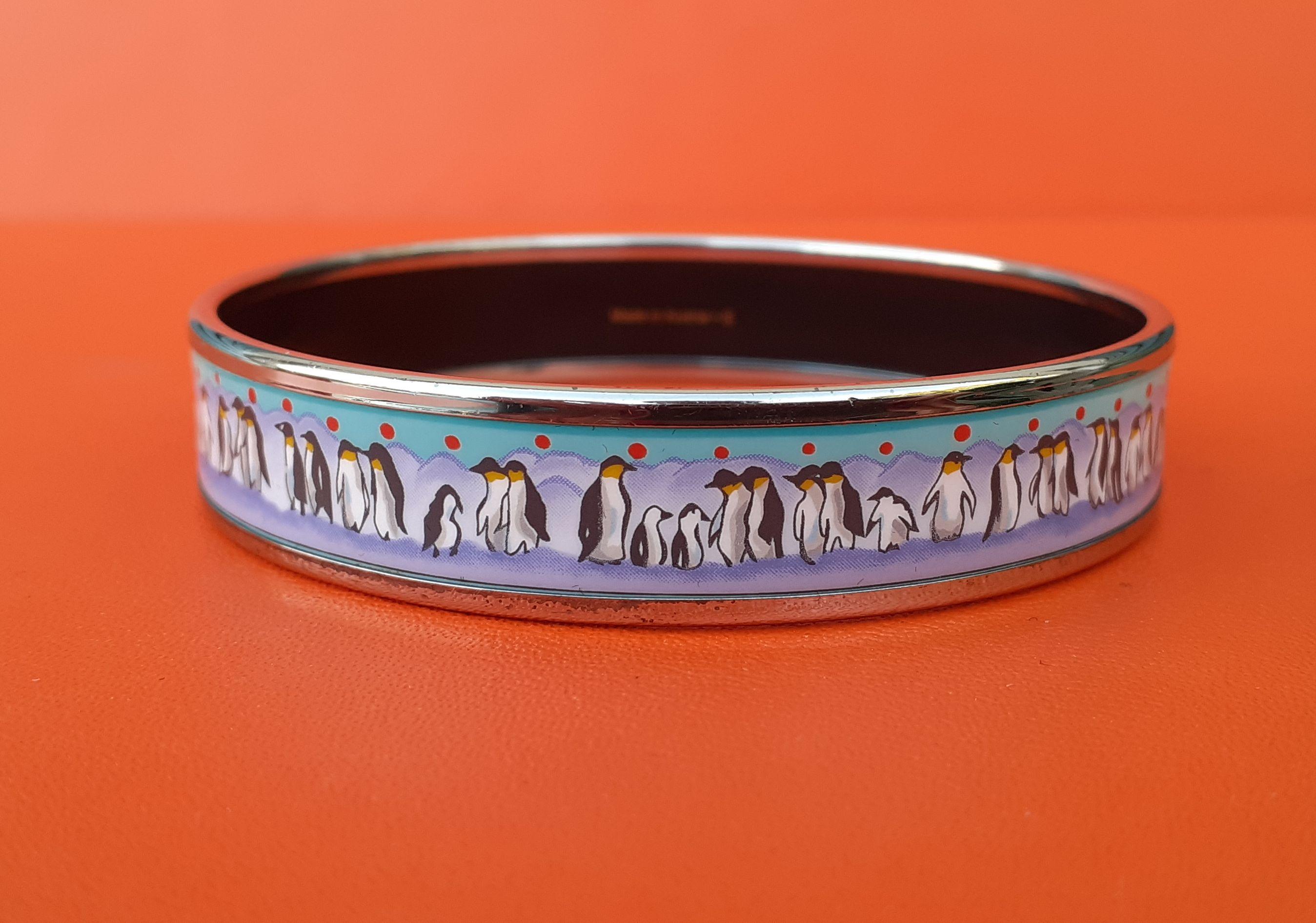 Hermès Enamel Printed Bracelet Penguins Blue Narrow Phw Size 65 Rare  1