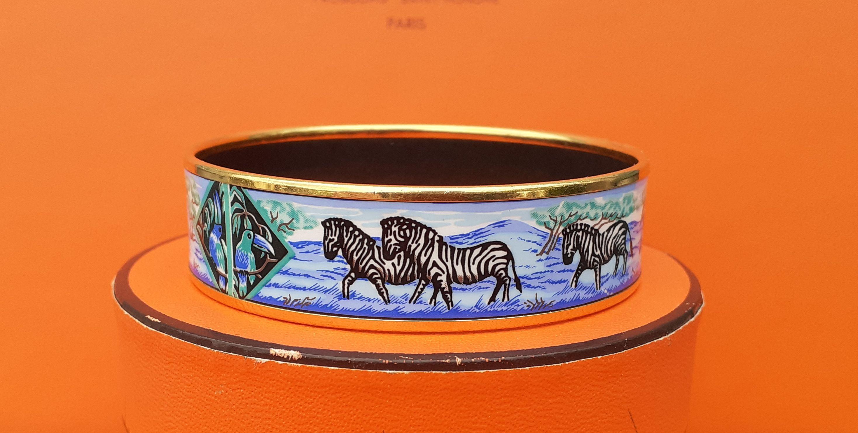 Hermès Enamel Printed Bracelet Zebras Toucans Tropiques Blue Ghw Size 65 RARE 1