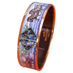 Hermès Bracelet imprimé en émail Zebras Toucans Tropiques Bleu Ghw Taille 65 RARE