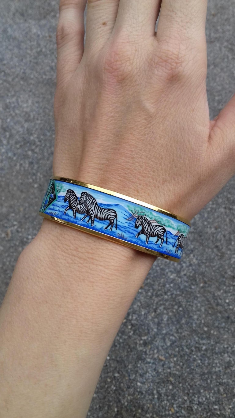 Hermès Enamel Printed Bracelet Zebras Toucans Tropiques Blue Ghw Size