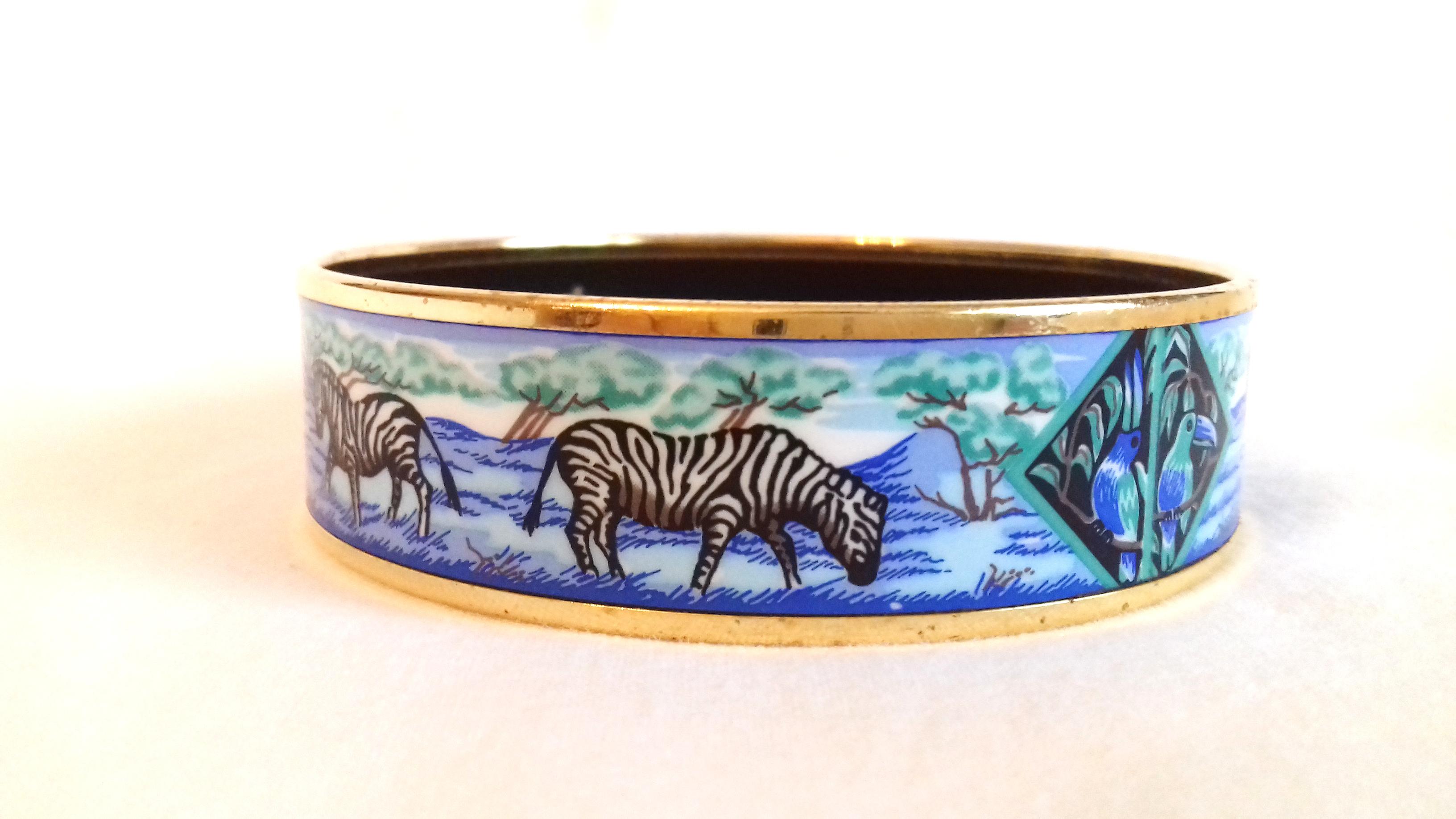 Women's Hermès Enamel Printed Bracelet Zebras Toucans Tropiques Blue Ghw Size 70 RARE