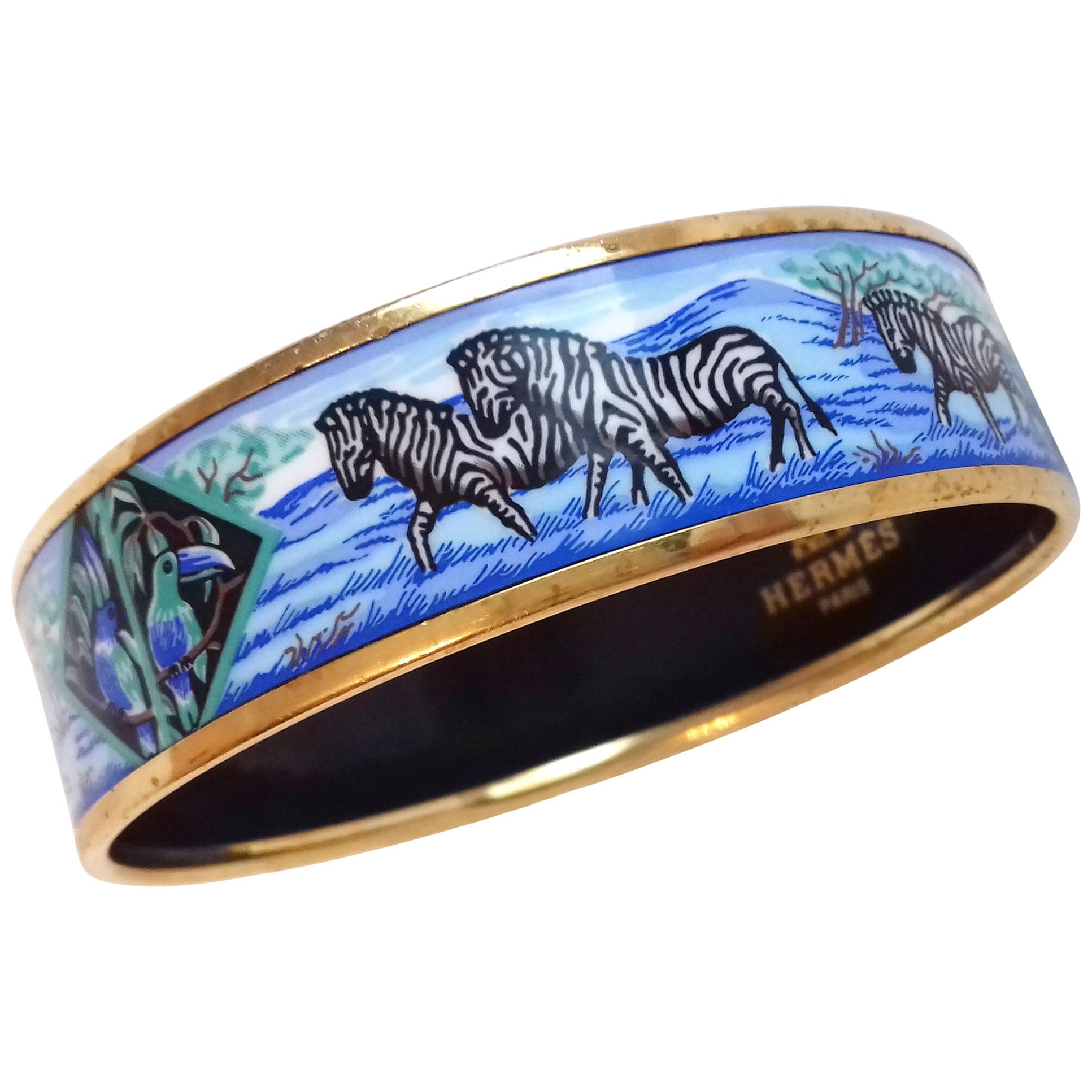 Hermès Enamel Printed Bracelet Zebras Toucans Tropiques Blue Ghw Size 70 RARE