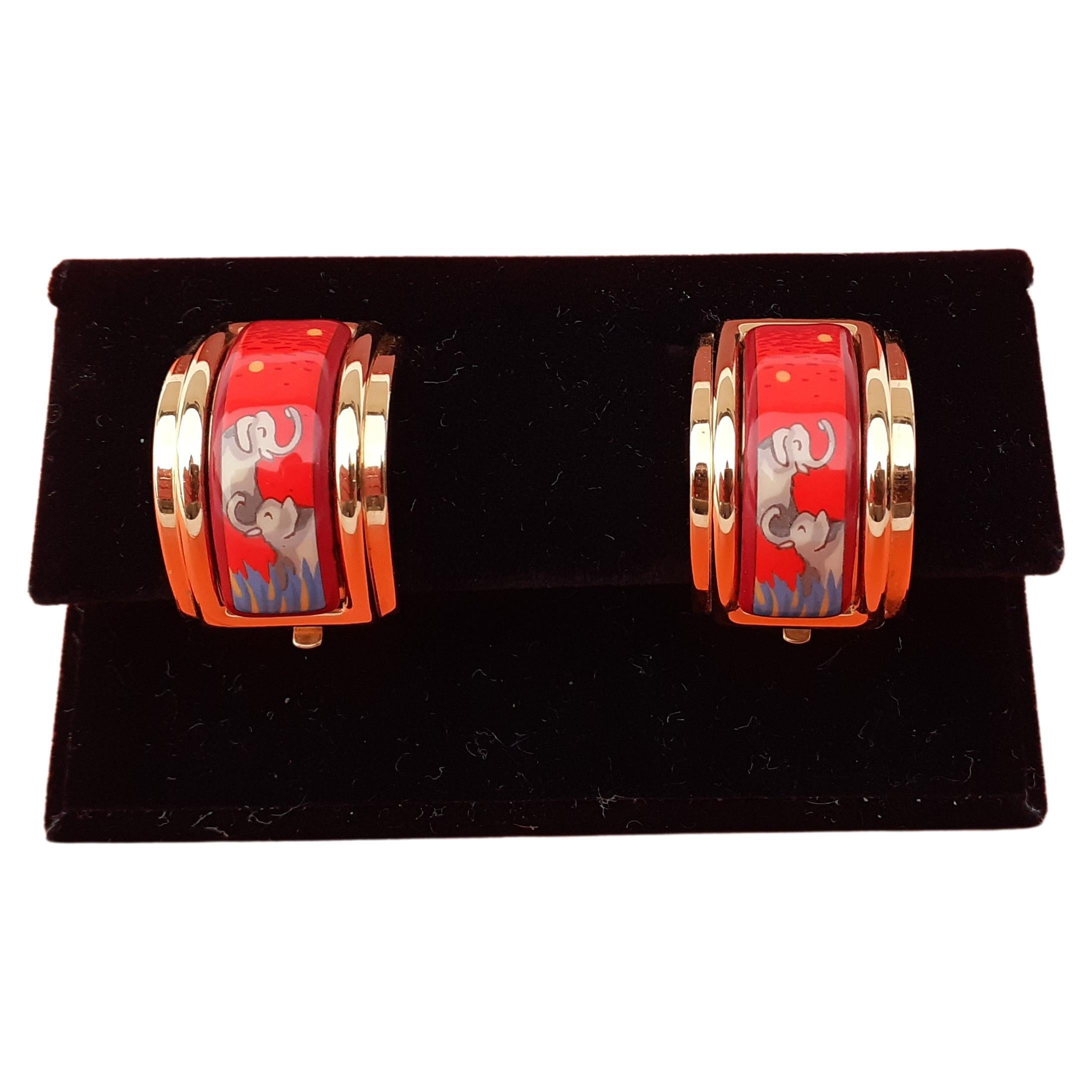 Hermès Enamel Printed Clip-On Earrings Elephants Grazing Red Gold Hdw RARE For Sale