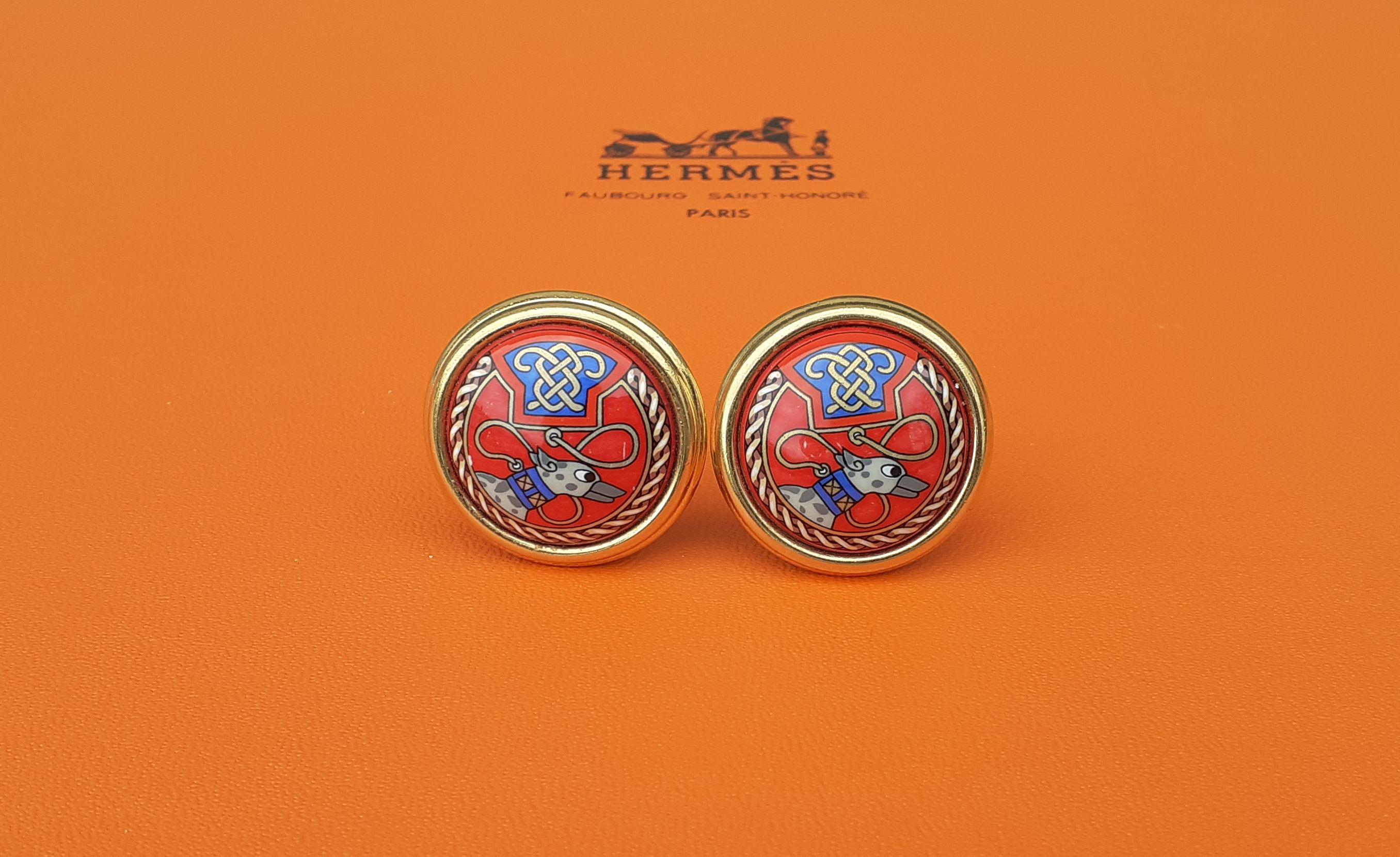 Hermès Enamel Printed Clip-On Earrings Greyhound Dogs Levriers Ghw RARE For Sale 4