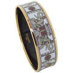 Hermès Enamel Printed Elephants Pattern Bracelet Torana White GHW GM 70