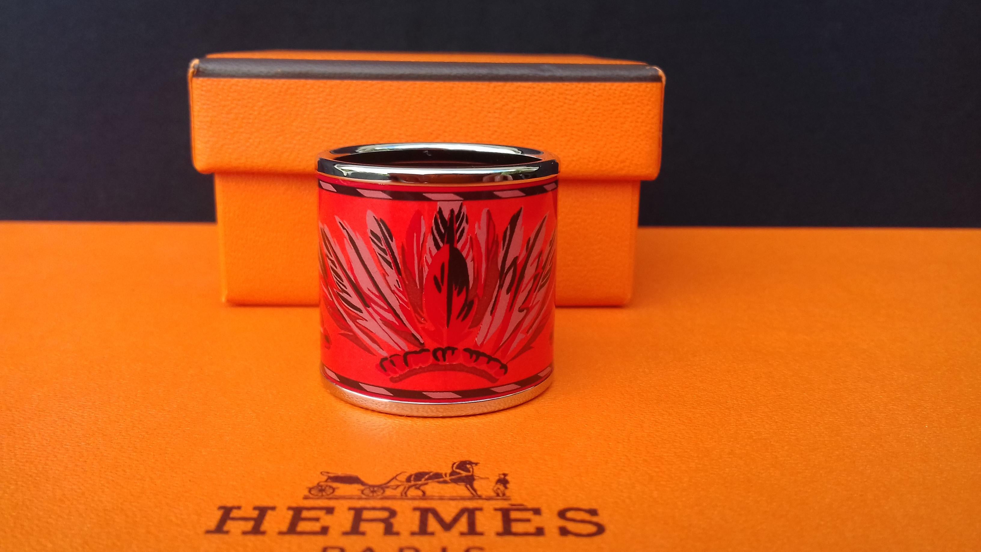 Women's Hermès Enamel Printed Palladium Hdw Scarf Ring BRAZIL Coral