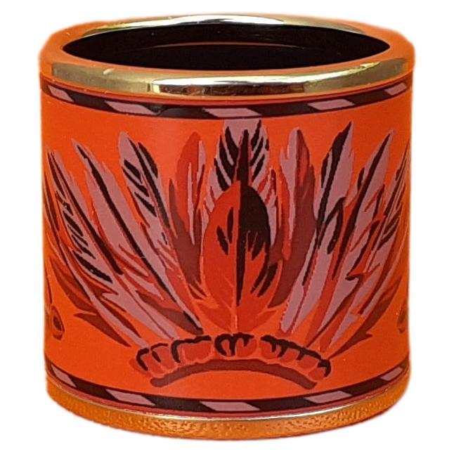 Hermès Enamel Printed Scarf Ring Brazil Feathers with Gold Hdw For Sale