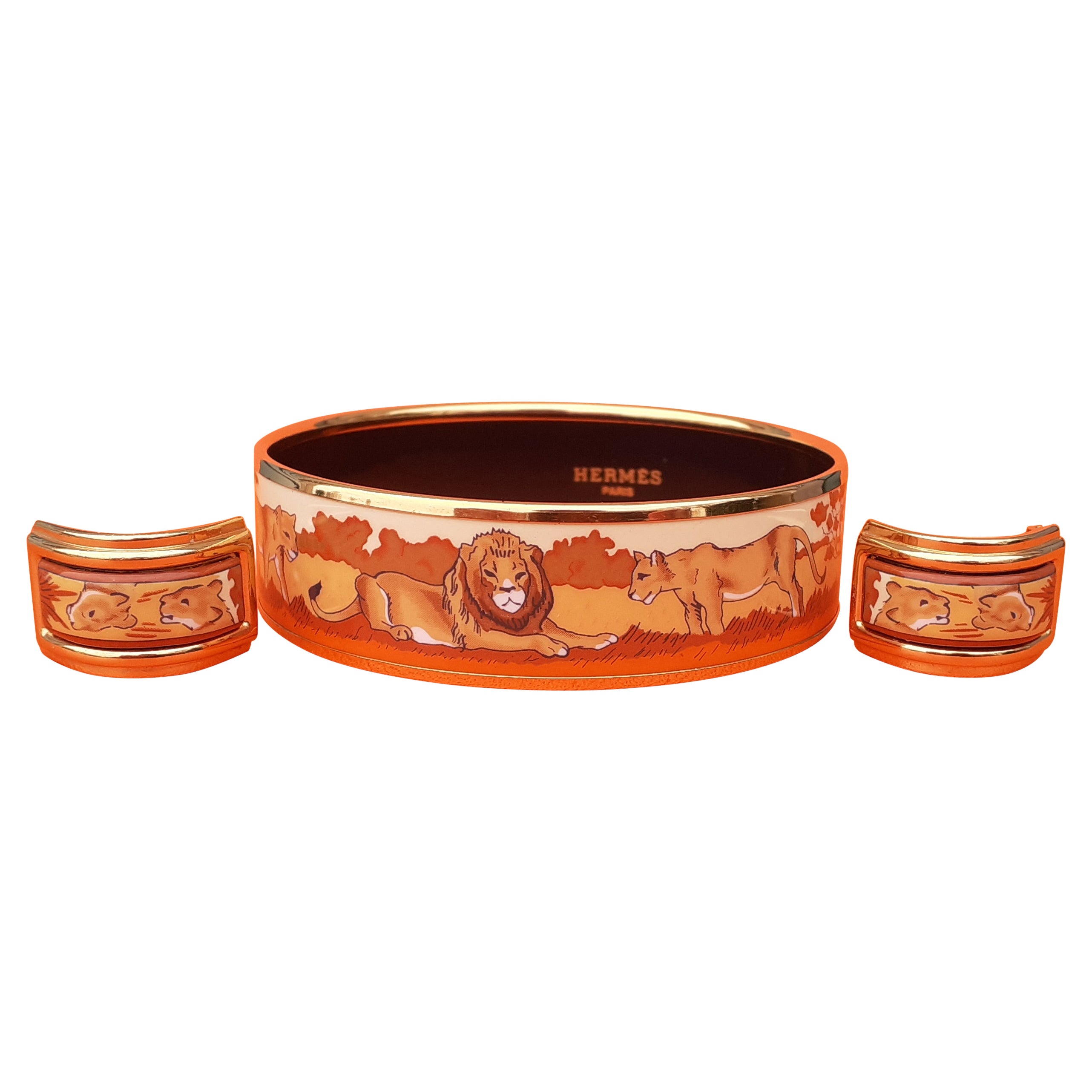 Hermès Enamel Printed Set Bracelet and Earrings Lions And Lionesses Ghw Size 65
