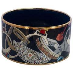 Hermes Enameled Gold, Tan, Red, Black & White Jewel Themed Large Bangle Bracelet