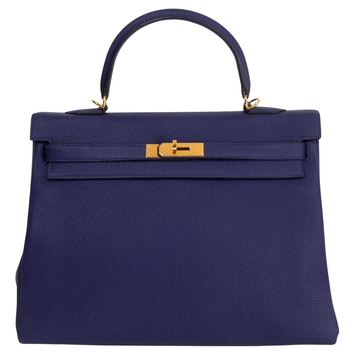 HERMES KELLY 35 RETOURNE Tasche aus blauem Togo-Leder in Gold