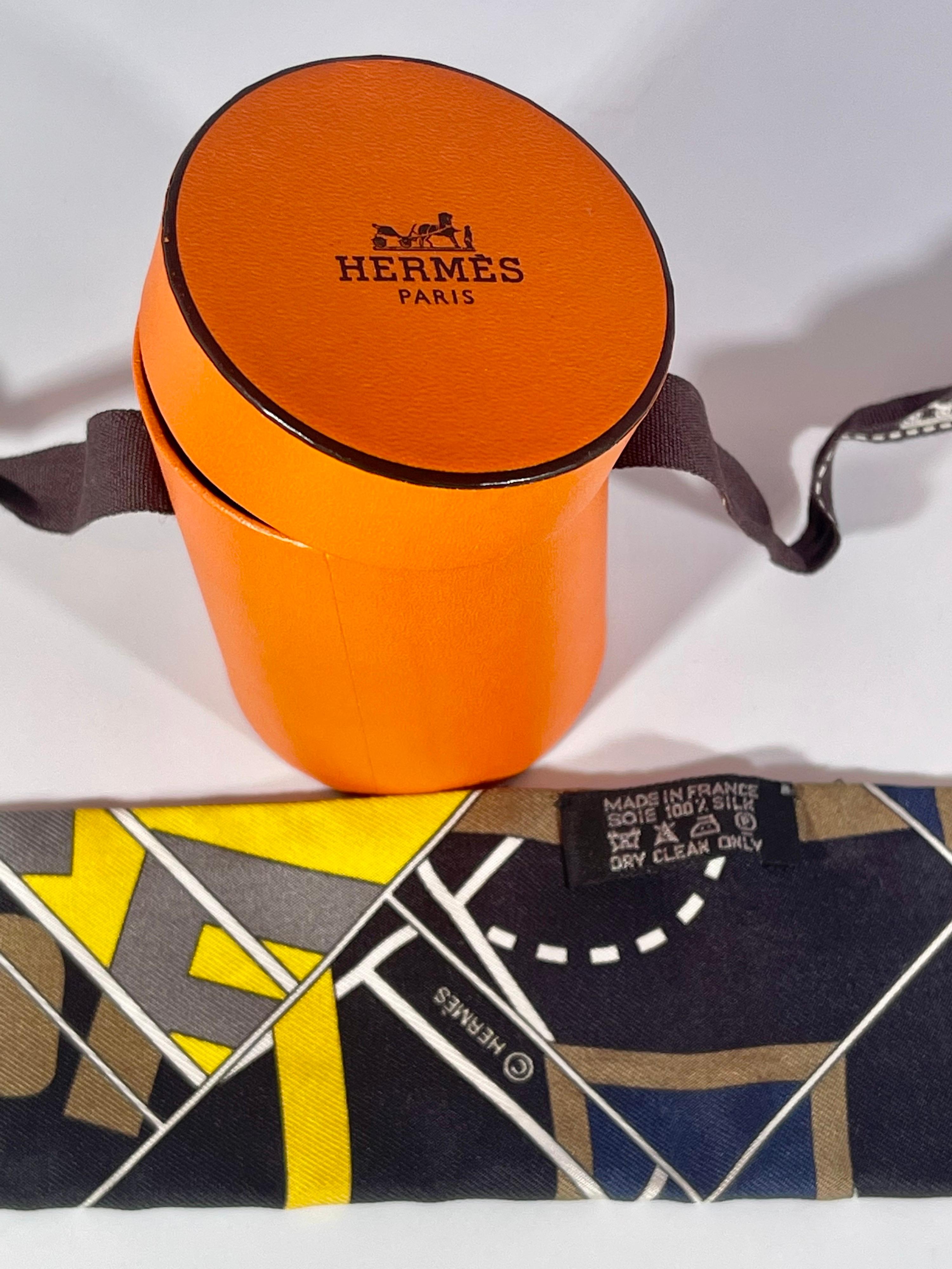 Hermès Epaulettes Silk Twilly Scarf Yellow , Black , Grey & Brown In a Hemes Box 4
