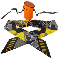 Hermès Epaulettes Silk Twilly Scarf Yellow , Black , Grey & Brown In a Hemes Box