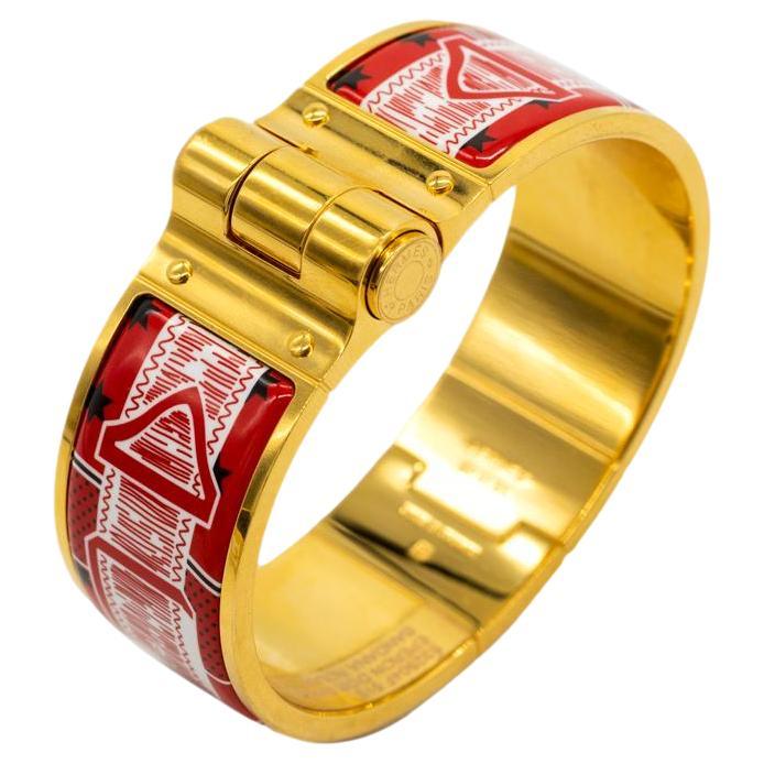 Hermès "Eperon D'Or" Red Bandana Rouge Printed Hinged Wide Enamel Bracelet, GM.