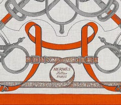 Scialle Hermes Eperon d'Or 140 Arancione Gris Chiné Gris Argent Cashmere Seta