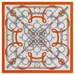 Hermes Eperon d'Or shawl 140 Orange Gris Chiné Gris Argent Cashmere Silk