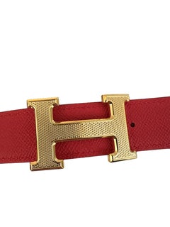 HERMES Epsom 32mm Guilloche H Belt 85 Rose Confetti Rouge Tomate
