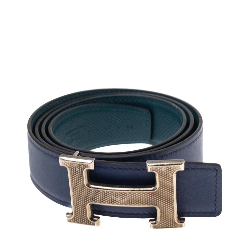 Black Hermes Epsom and Swift Leather Guillochee Finish H Reversible Buckle Belt 85CM