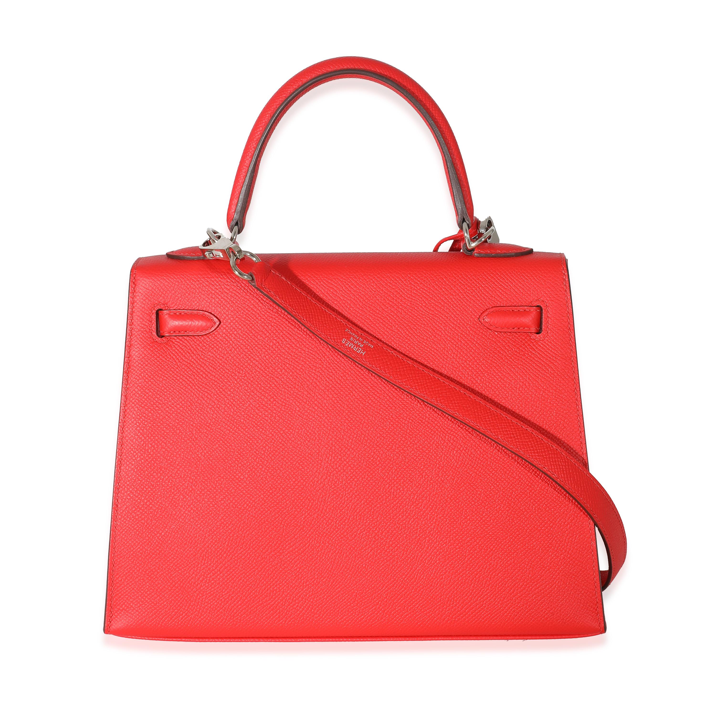 Listing Title: Hermès Epsom Rouge Casaque Kelly Sellier 25 PHW
SKU: 133684
Condition: Pre-owned 
Condition Description: Officially renamed in 1977, the Kelly tote bag from Hermès was originally called the Sac à Dépêches (which translates as ‘the