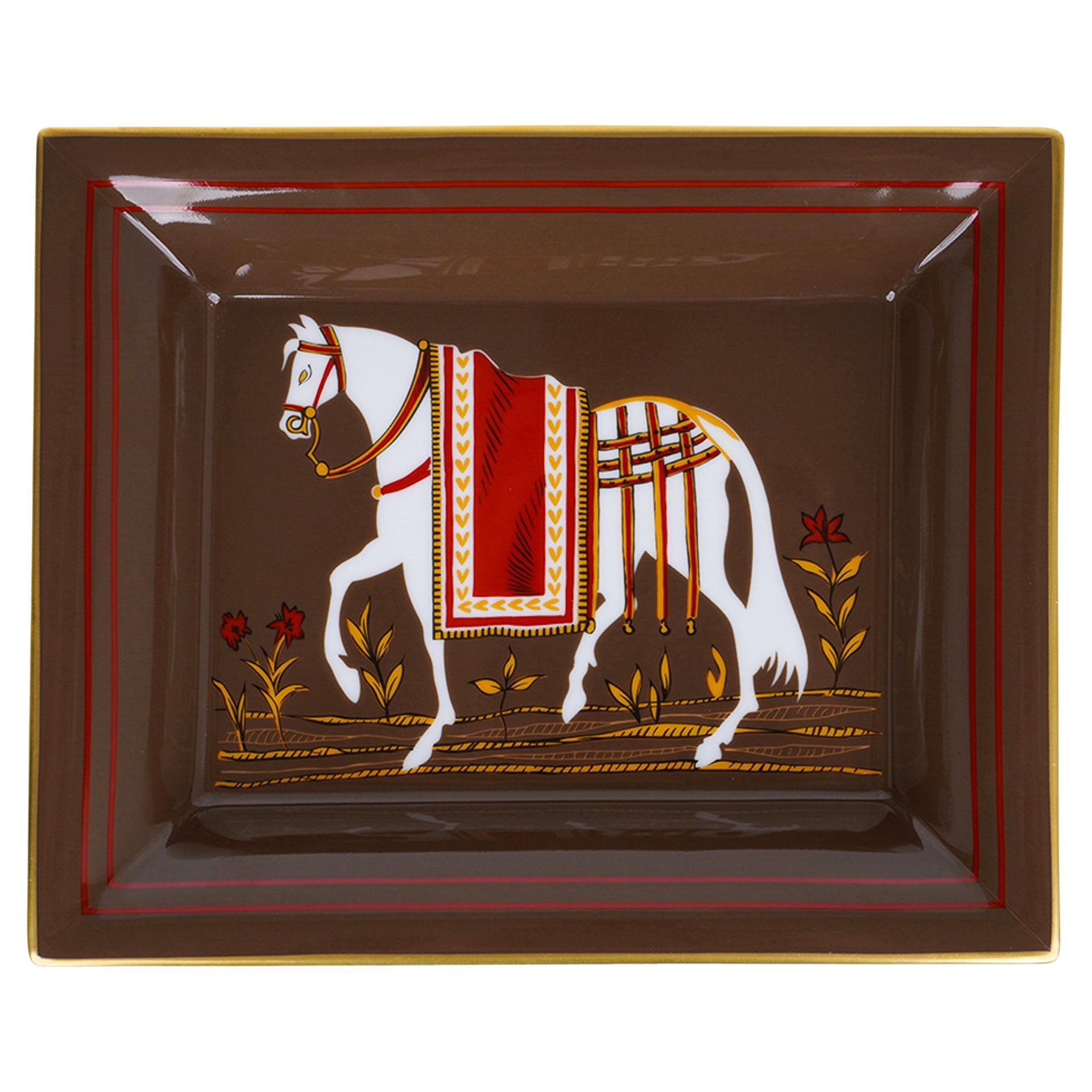 Hermes Equestrian Brown / White Limoges Porcelain Change Tray For Sale
