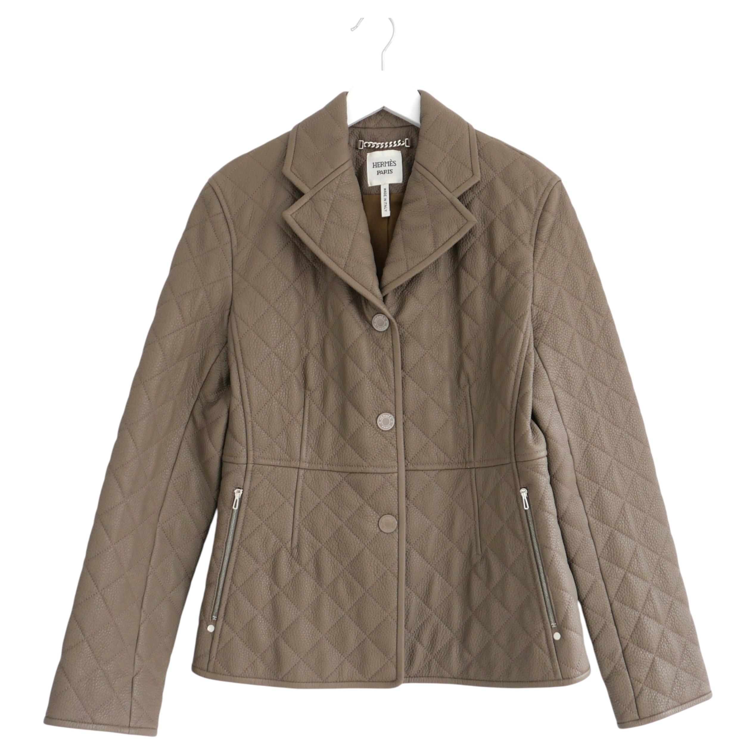 Hermes Equestrian Deerskin Leather Jacket Quilted Taupe