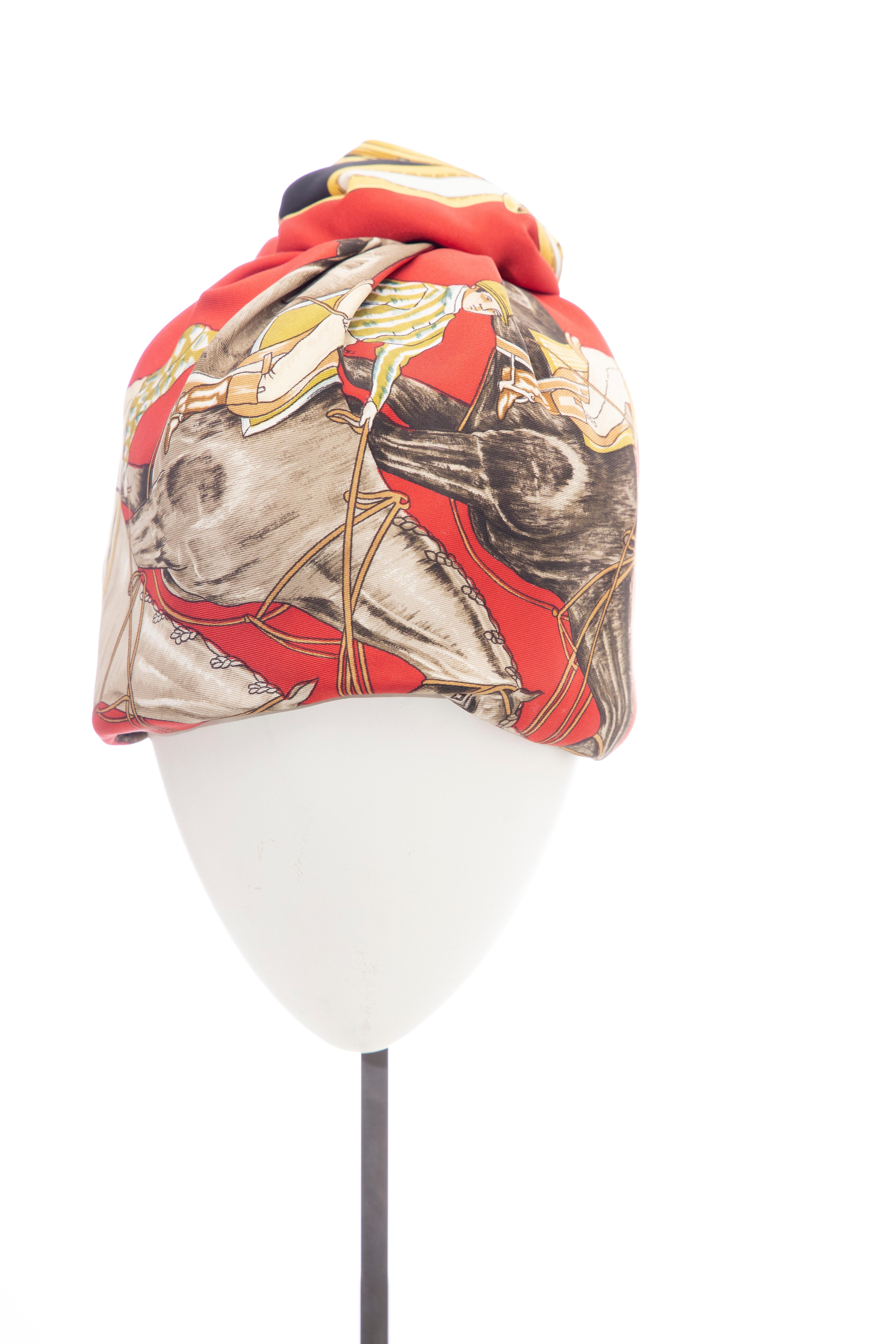 Beige Hermes Equestrian Printed Silk Turban, Circa: 1970's