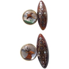 Hermès Essex Crystal Vintage Cufflinks Gold Deer Partridge Removable RARE